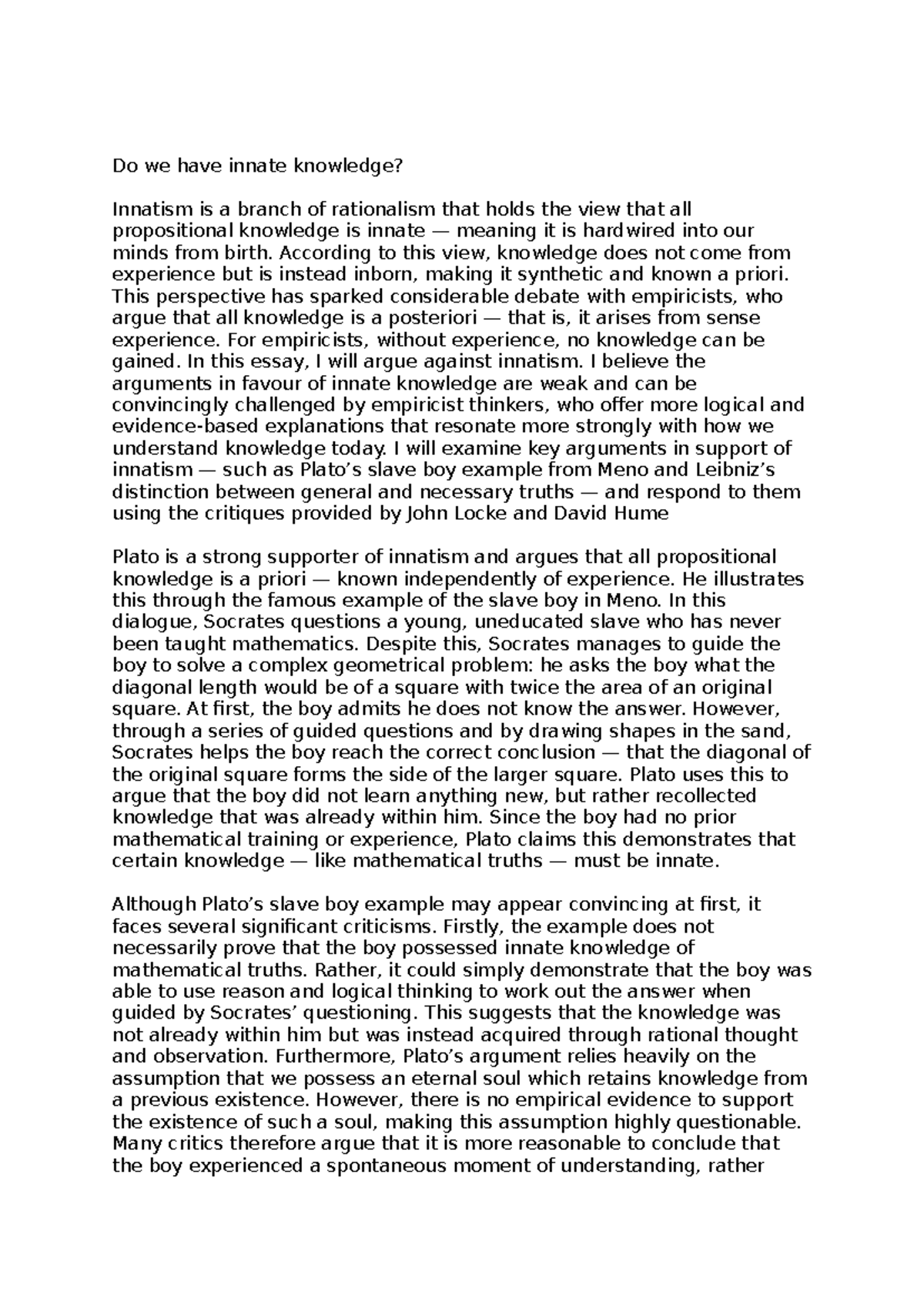Innatism vs. Empiricism: A Critical Analysis (PHIL 101 - 25 Marker ...