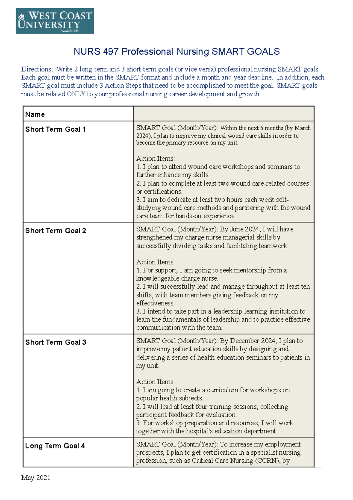Nurs 497 professional nursing smart goals