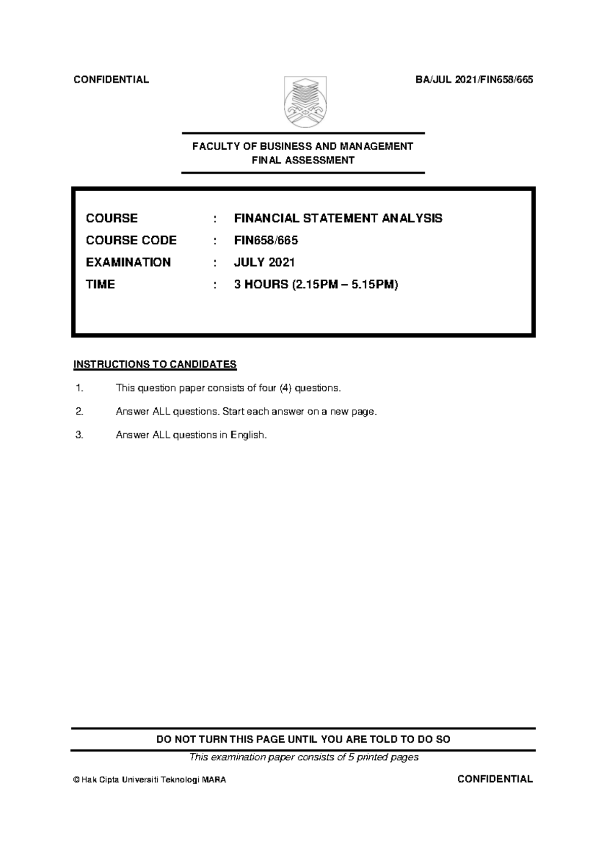 Financial Statement Analysis Final Exam - July 2021 - Studocu
