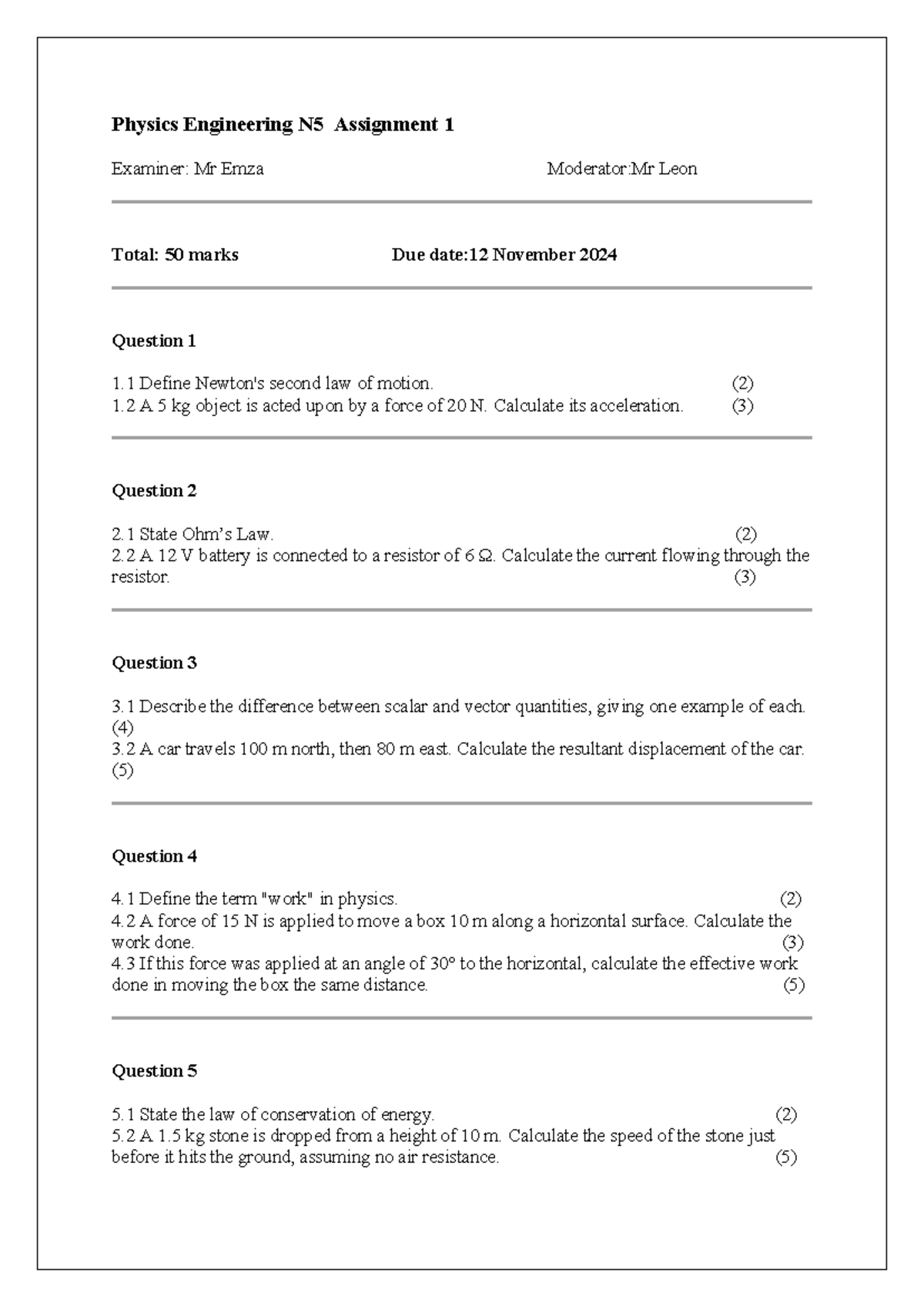 Physics Engineering N5: Assignment 1 - Newton's Laws & Ohm’s Law - Studocu