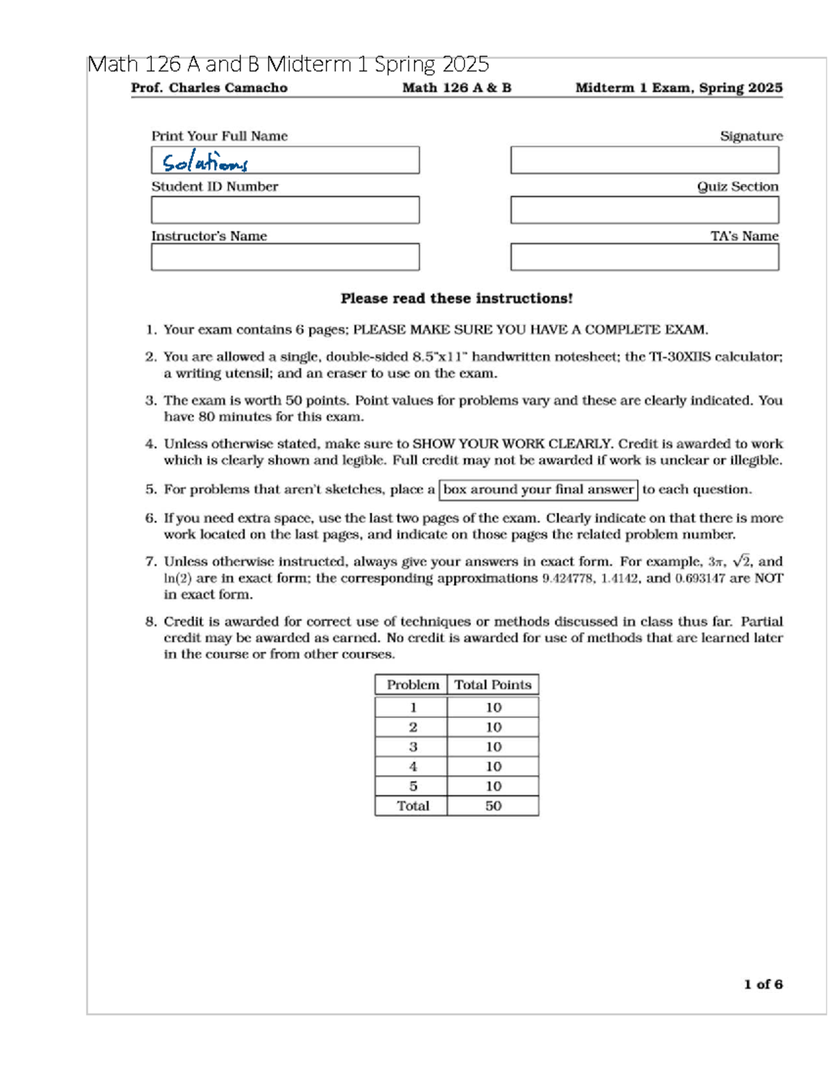 Math 126 A & B Midterm 1 Solutions - Spring 2025 - Studocu