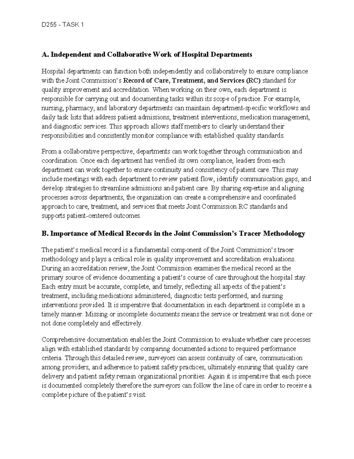 D255 TASK 1 - Independent & Collaborative Work in Hospital Departments ...