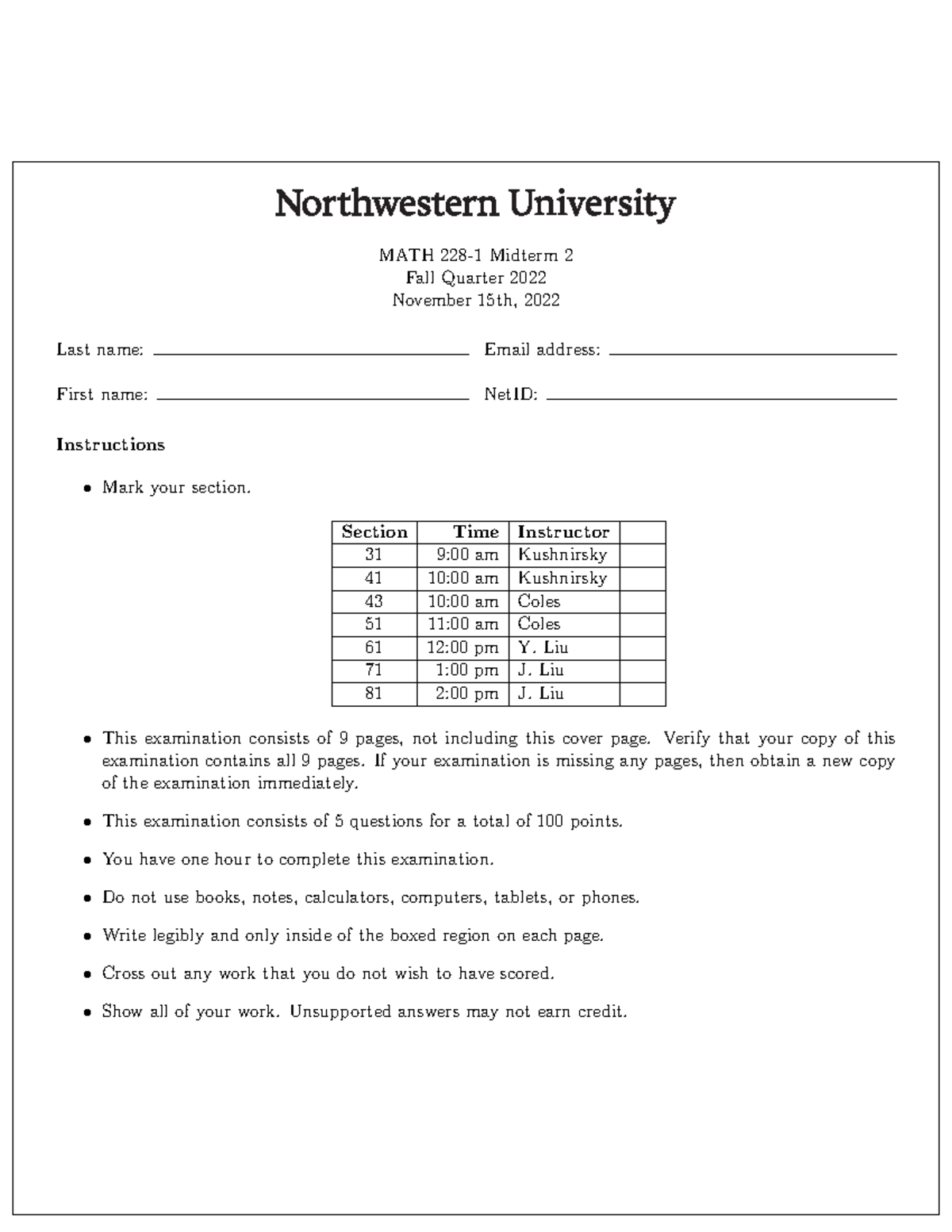 MATH 228-1 Fall 2022 Midterm 2 Solutions and Instructions - Studocu