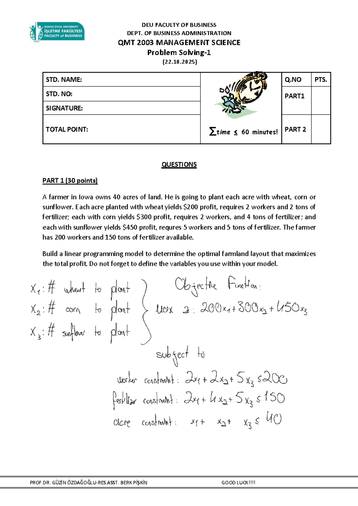 QMT 2003 Management Science Quiz 1: Linear Programming Models - Studocu
