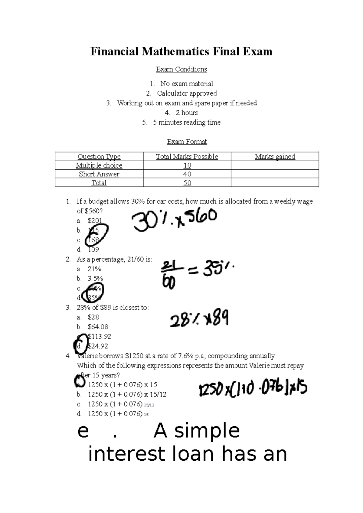 Financial Mathematics Final Exam: Conditions & Format - Studocu