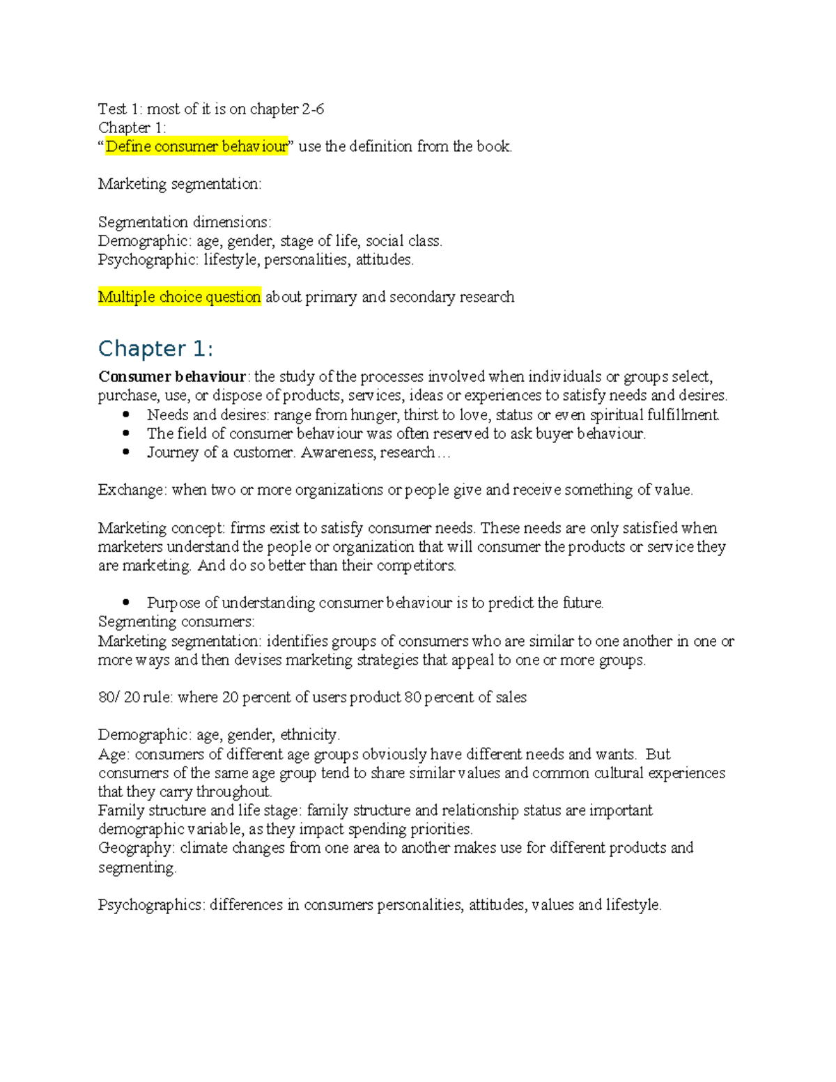 Test 1: Consumer Behavior Insights and Marketing Segmentation Notes ...
