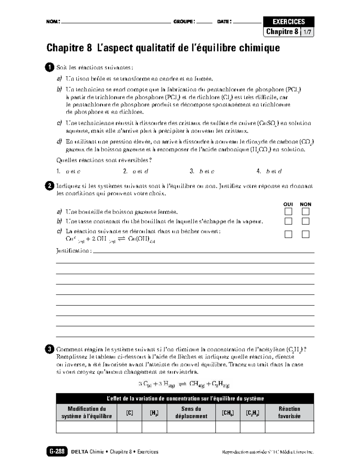 Delta Chimie Chap. 8 : Exercices et Évaluation sur les Réactions ...