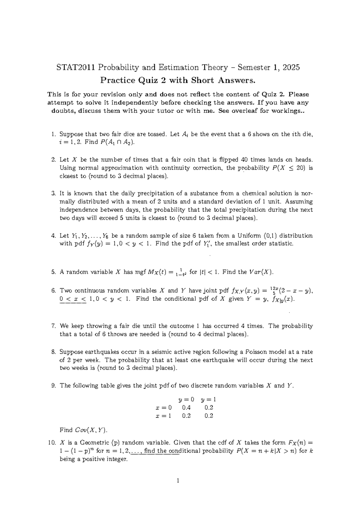 STAT2011 Probability and Estimation Theory Semester 1, 2025 Practice ...