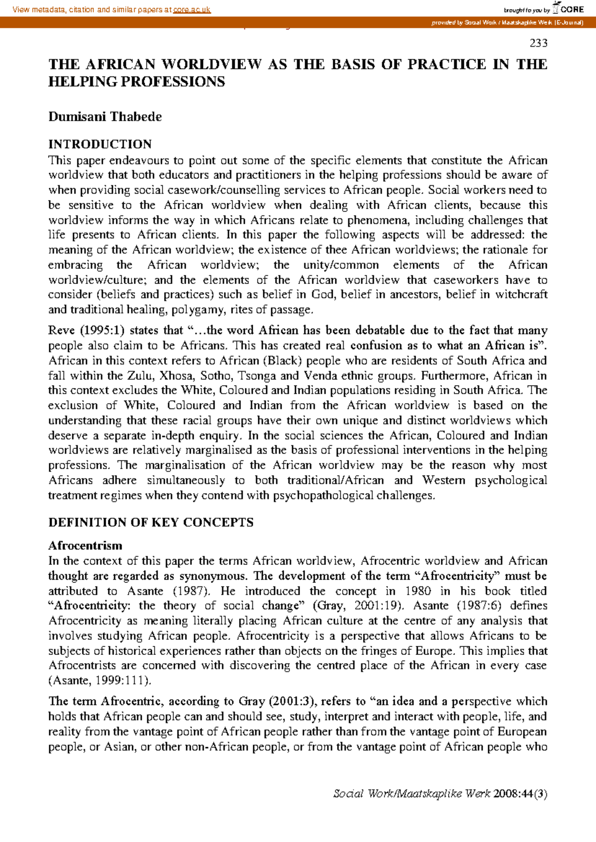 Social Work 233: The African Worldview in Helping Professions Practice ...