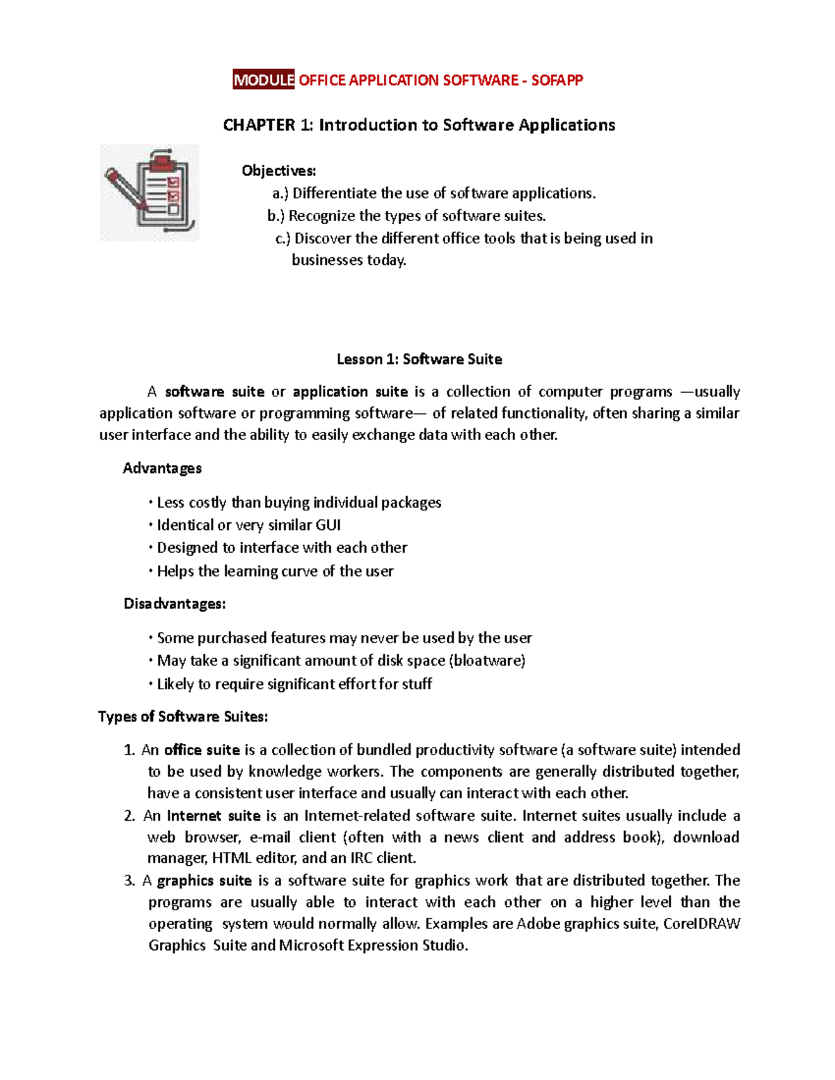 SofApp Module: Chapter 1 - Intro to Software Applications & Tools - Studocu