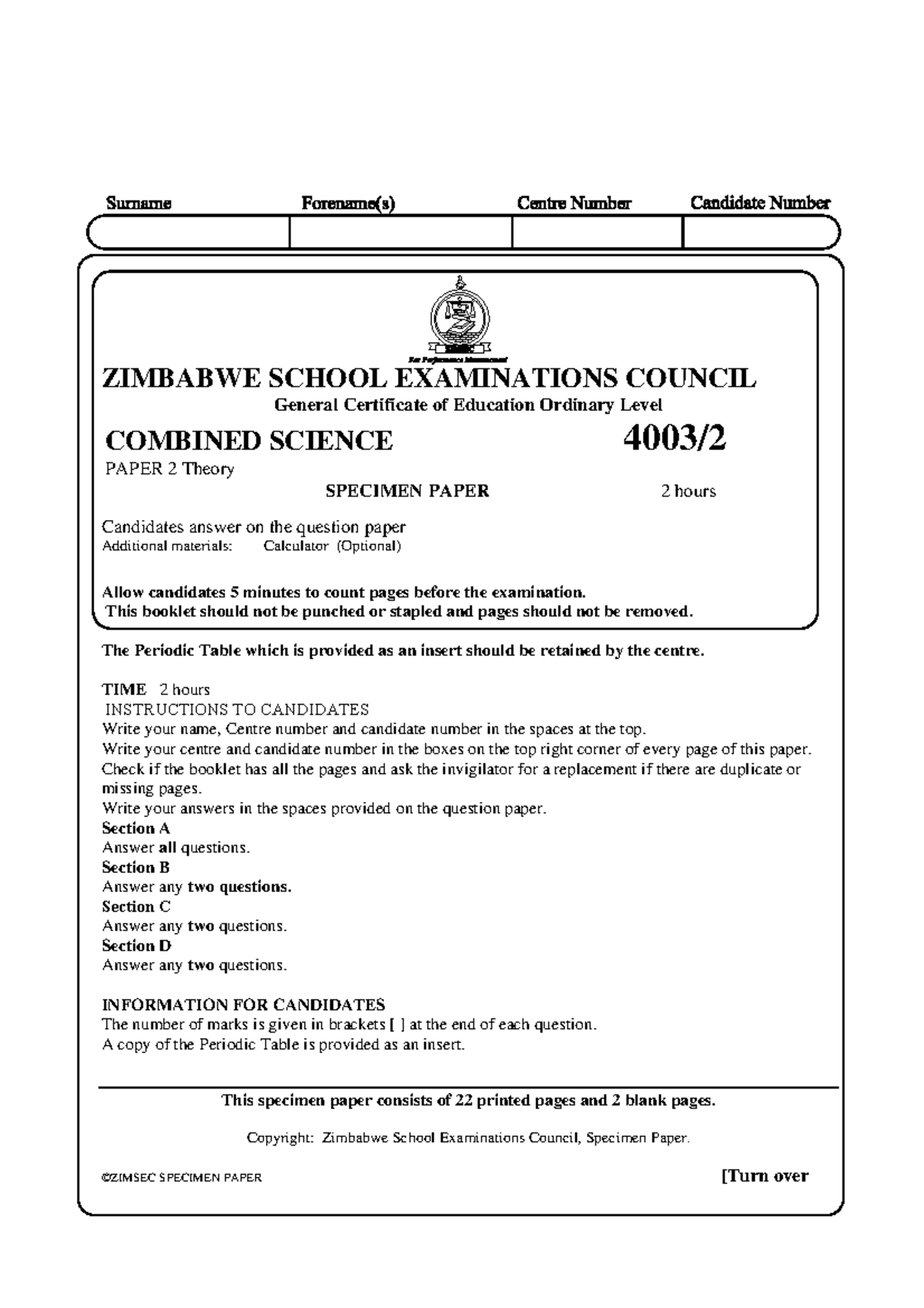 Combined Science O Level Specimen Paper 2 - Zimbabwe School Exams - Studocu