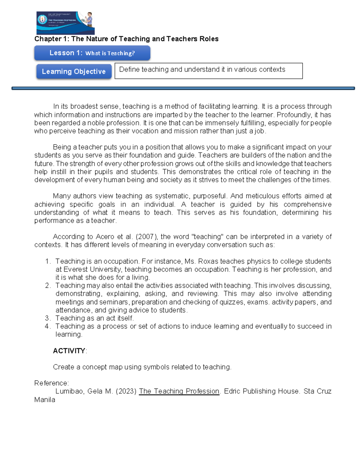 Chapter 1: Understanding Teaching and Teacher Roles in Context - Studocu