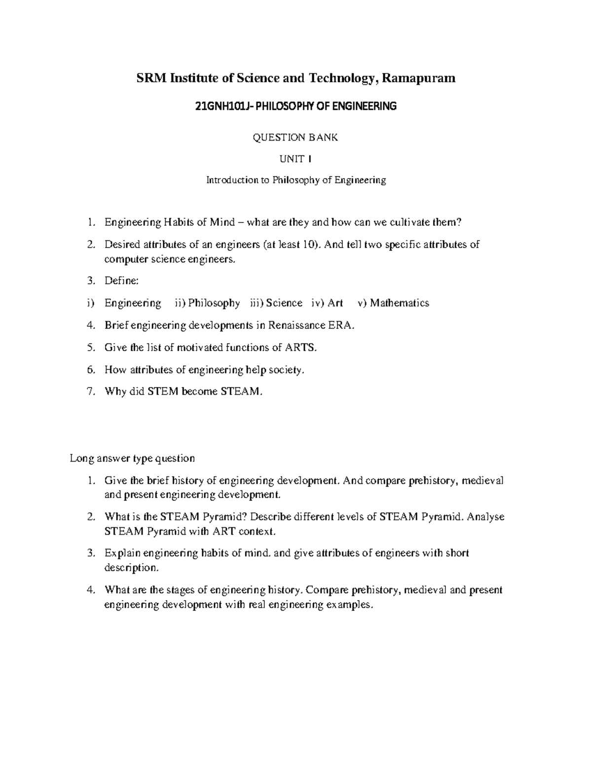 PHILOSOPHY OF ENGINEERING (POE) UNIT 1 QUESTION BANK - Studocu