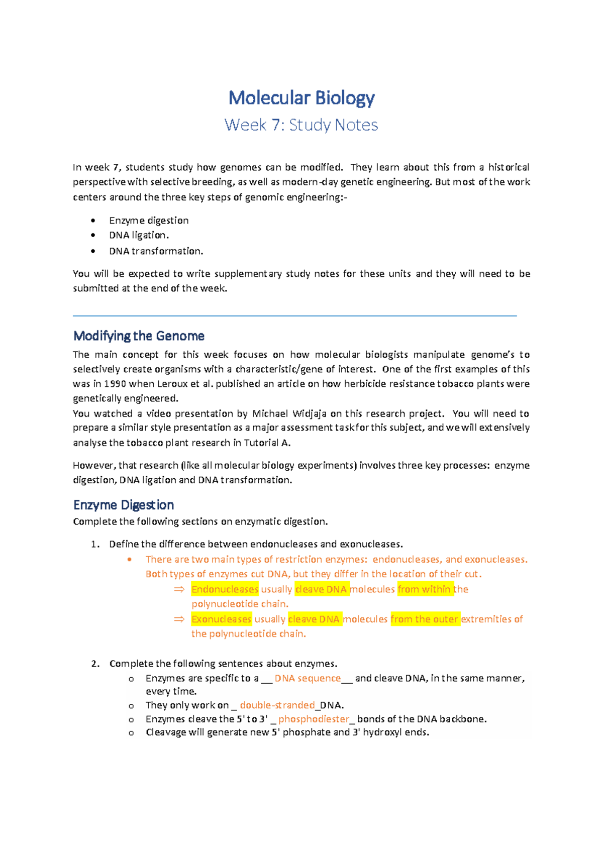 Molecular Biology 7: Genomic Modification Study Notes - Studocu
