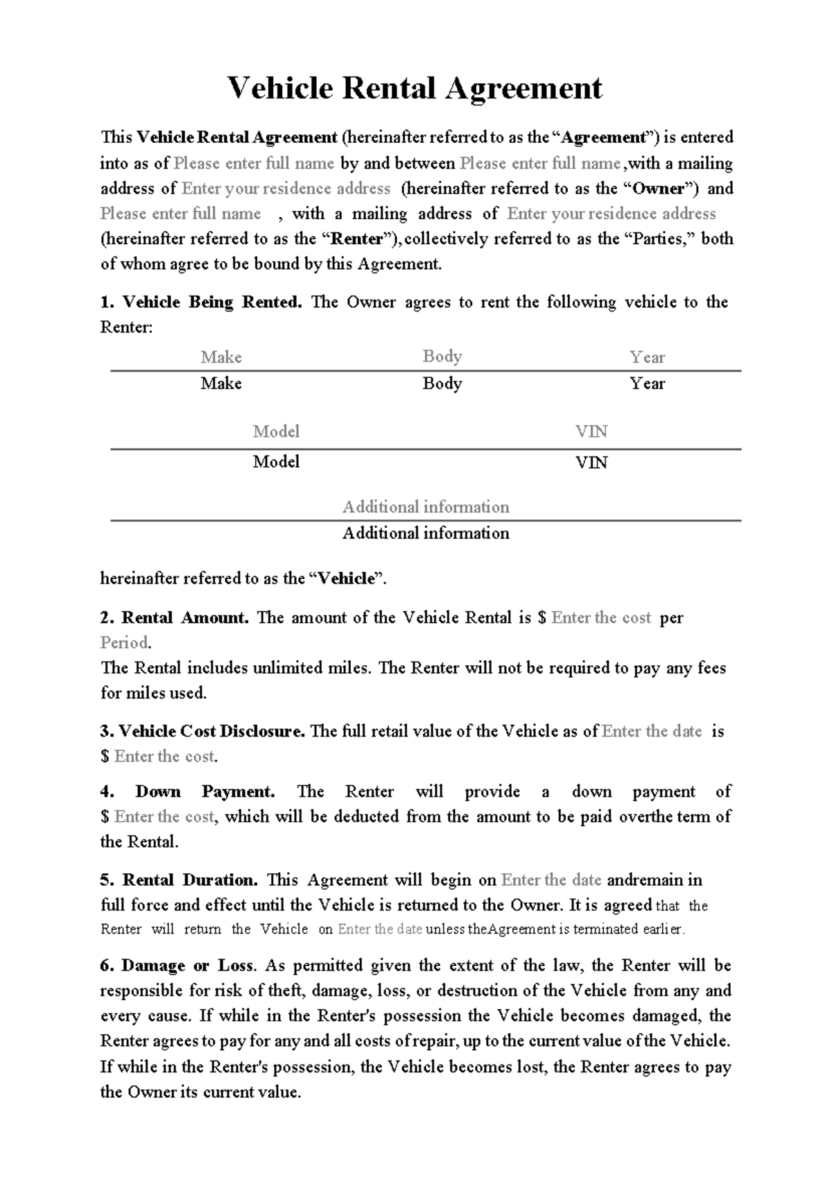Vehicle Rental Agreement Template for 62d2f2a351 - Studocu