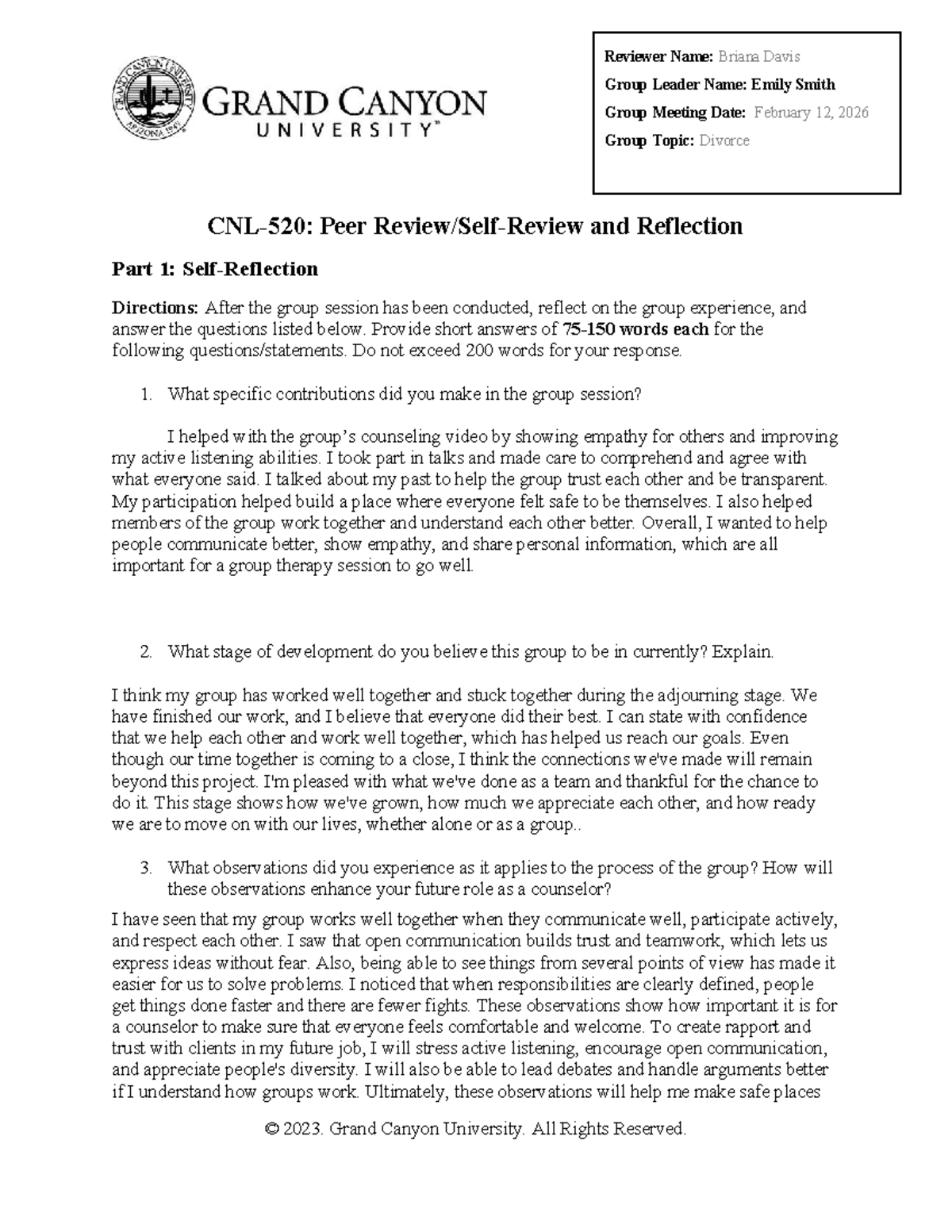 CNL 520 RS T2 7 Peer Review: Group Reflection on Divorce Therapy - Studocu