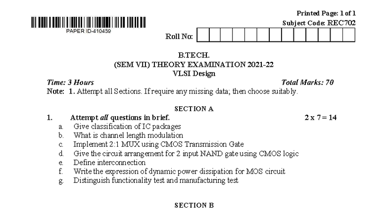 B.Tech SEM VII VLSI Design REC702 Theory Exam Notes 2022 - Studocu