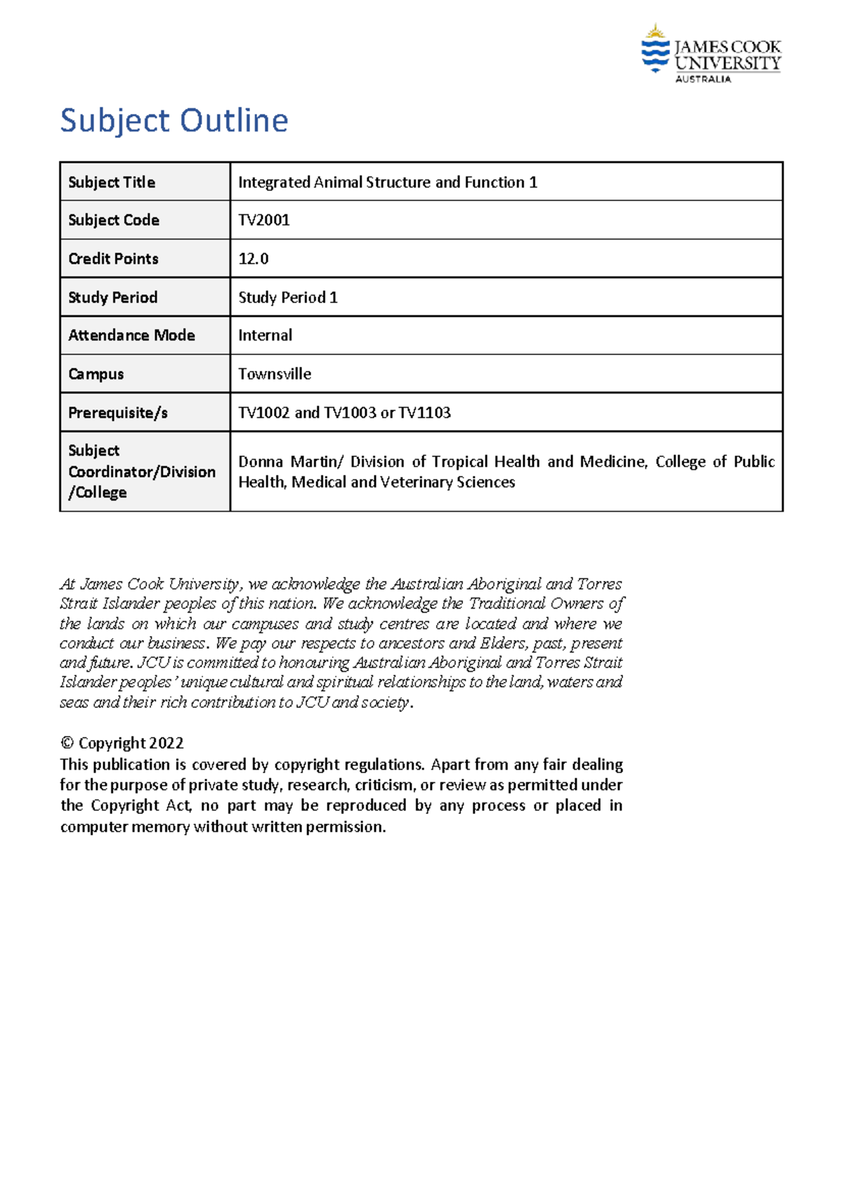 TV2001 Integrated Animal Structure and Function 1 Subject Outline SP1 ...