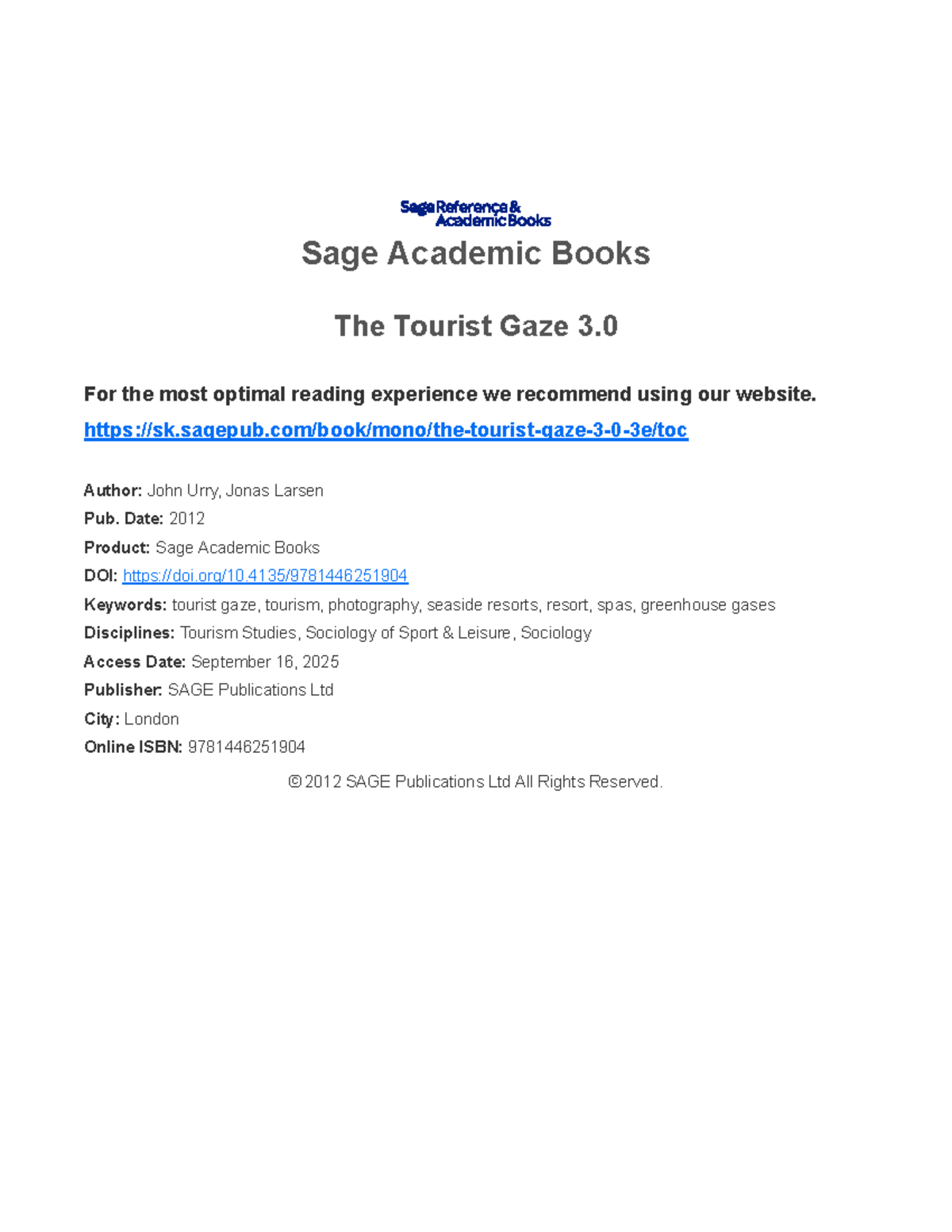 The Tourist Gaze 3.0: Insights from Urry & Larsen's 2011 Edition - Studocu