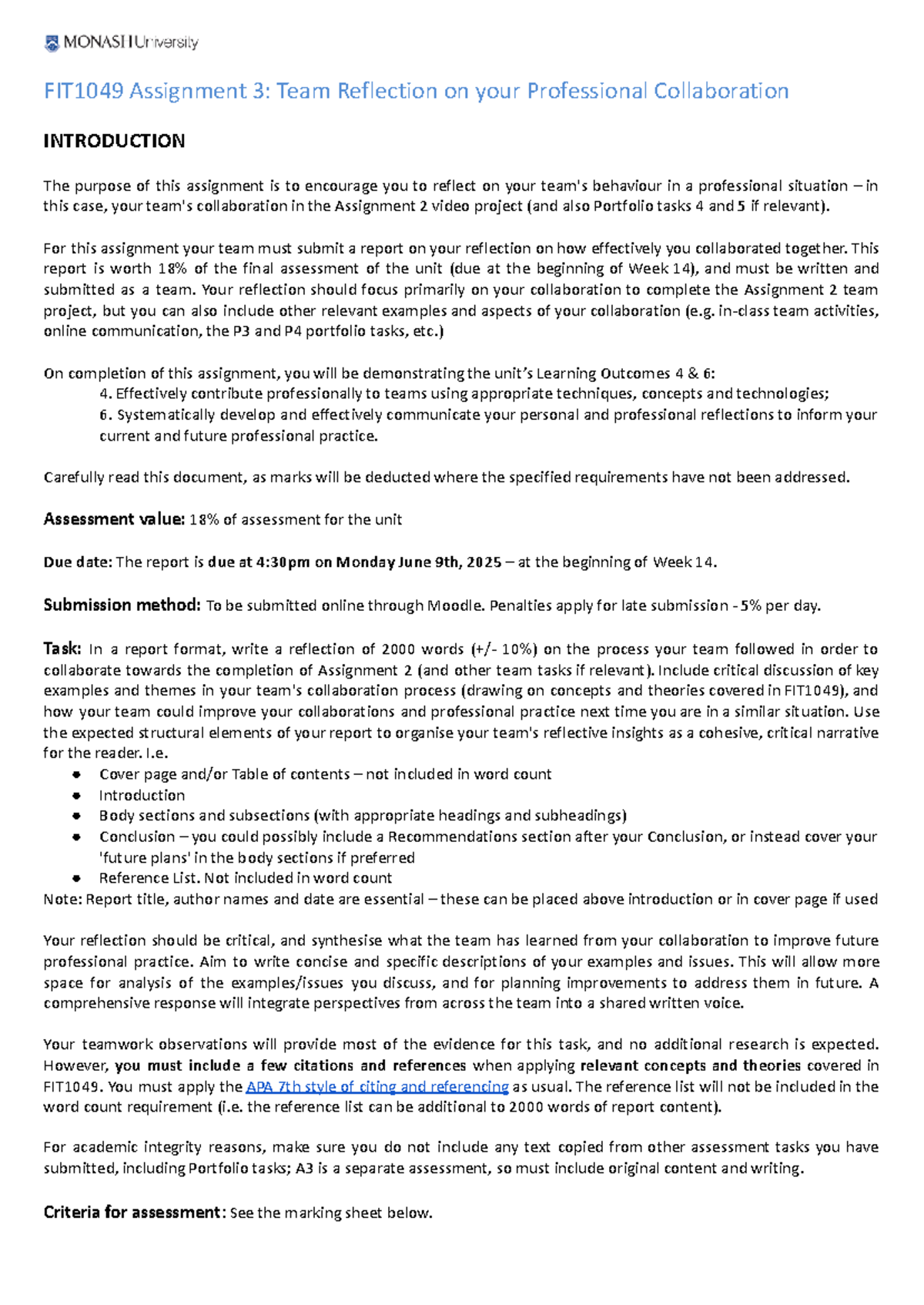 FIT1049 Assignment 3: Team Reflection on Professional Collaboration ...