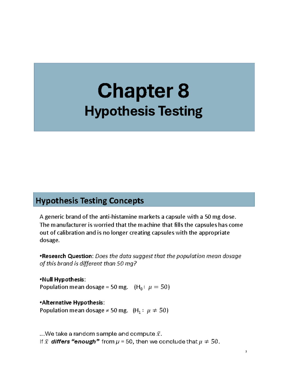 Ch 8 Class Notes for Stat3379: Hypothesis Testing Overview Fall 2024 ...