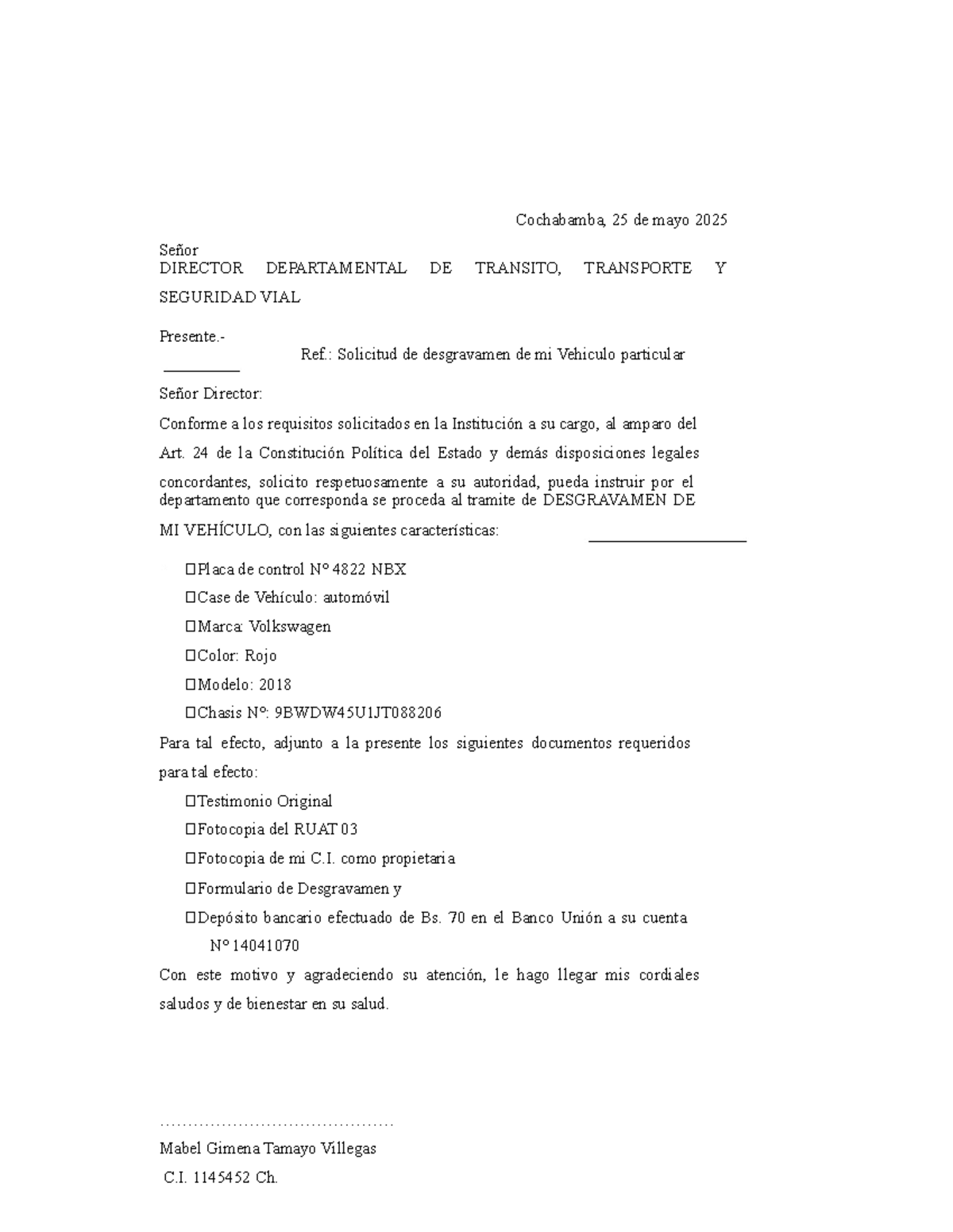 Solicitud de Desgravamen de Vehículo Particular - 2025 - Document Preview
