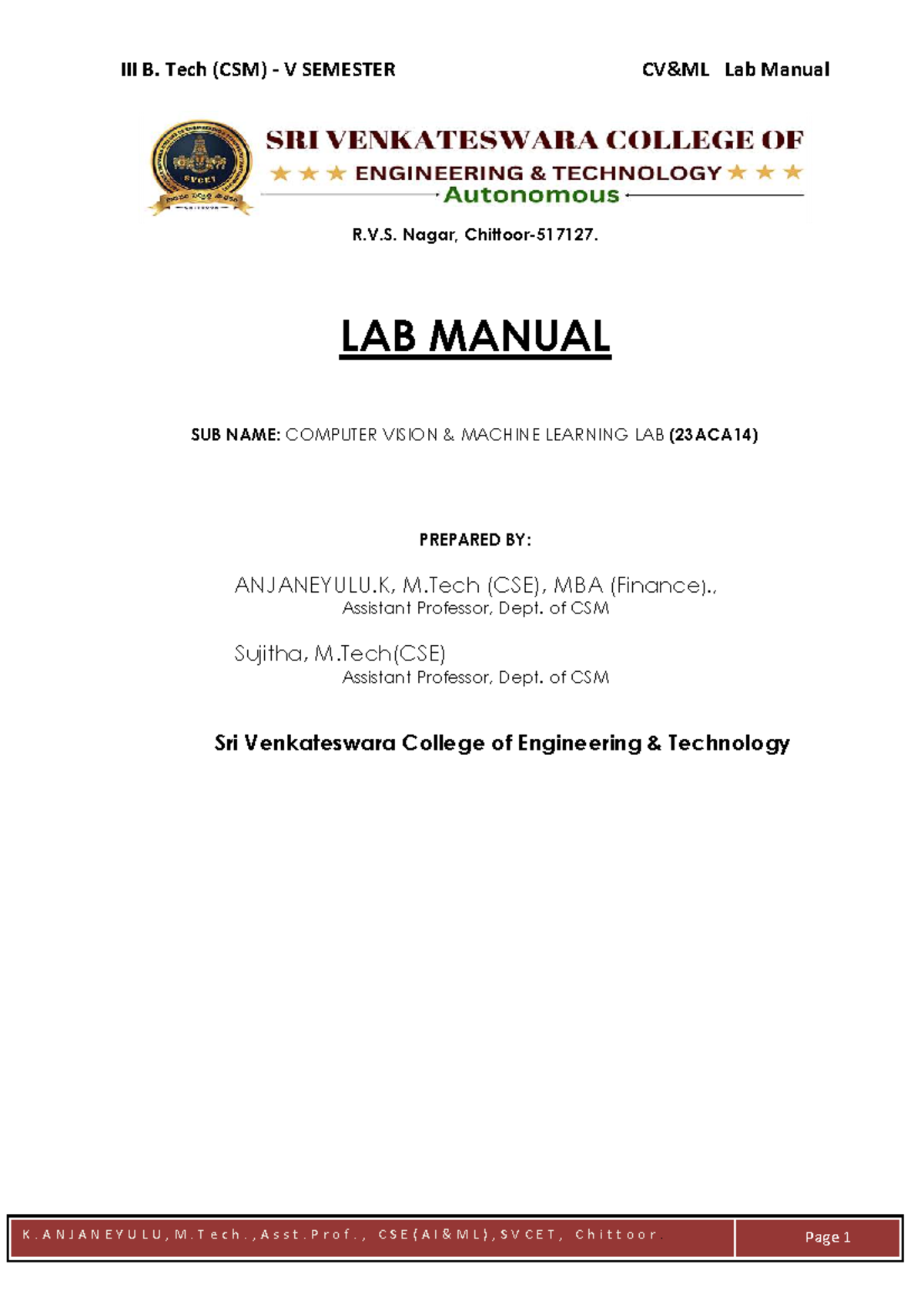 B. Tech (CSM) V SEMESTER CV & ML LAB Manual (23ACA14) - Studocu