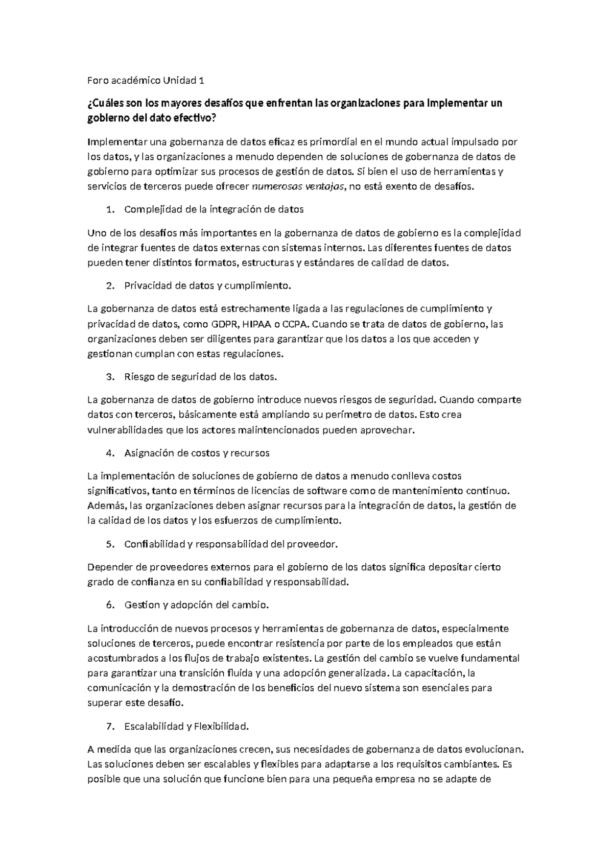 Desafíos en la Implementación de la Gobernanza de Datos - Unidad 1 ...