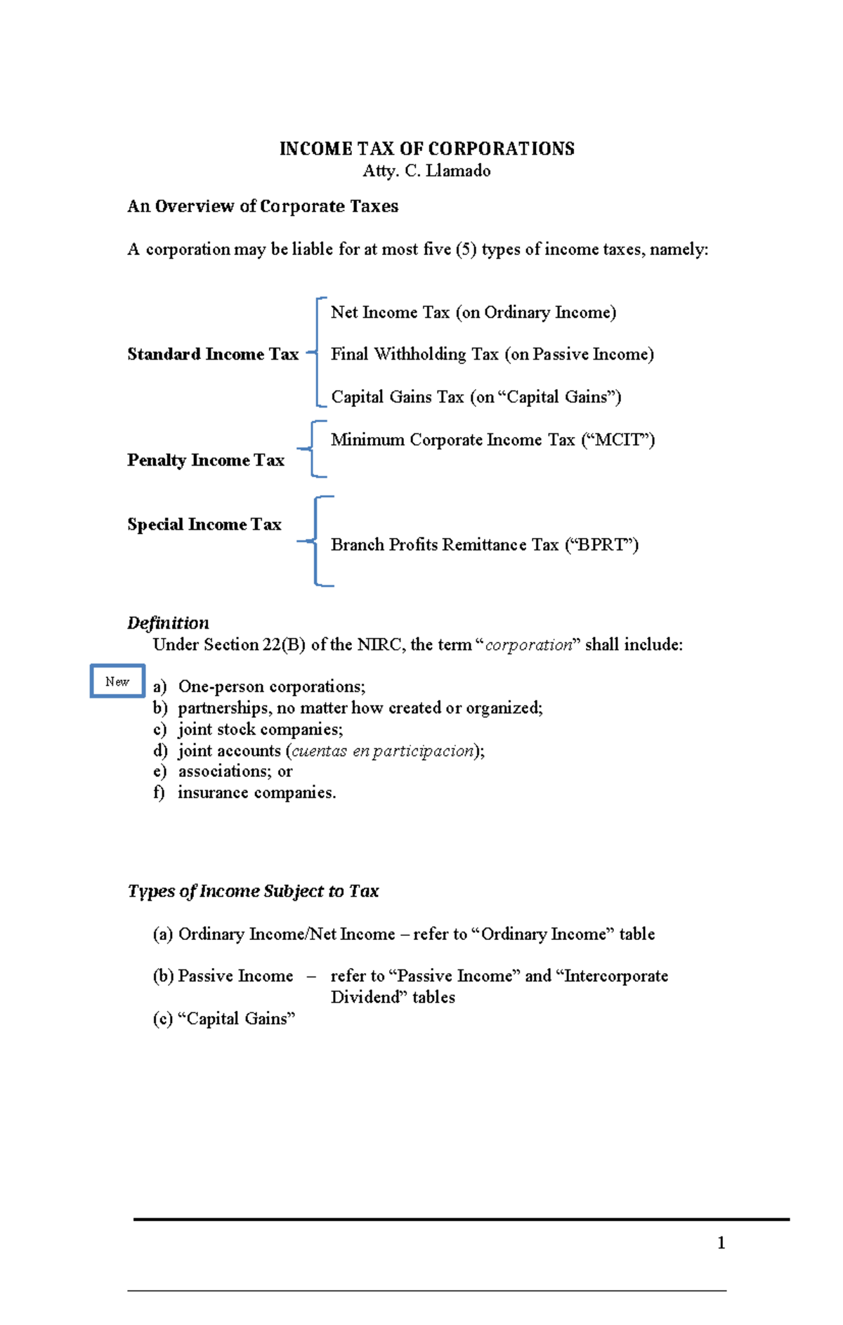 INCOME TAX OF CORPORATIONS (Course Code: TAX101) Overview and Key ...