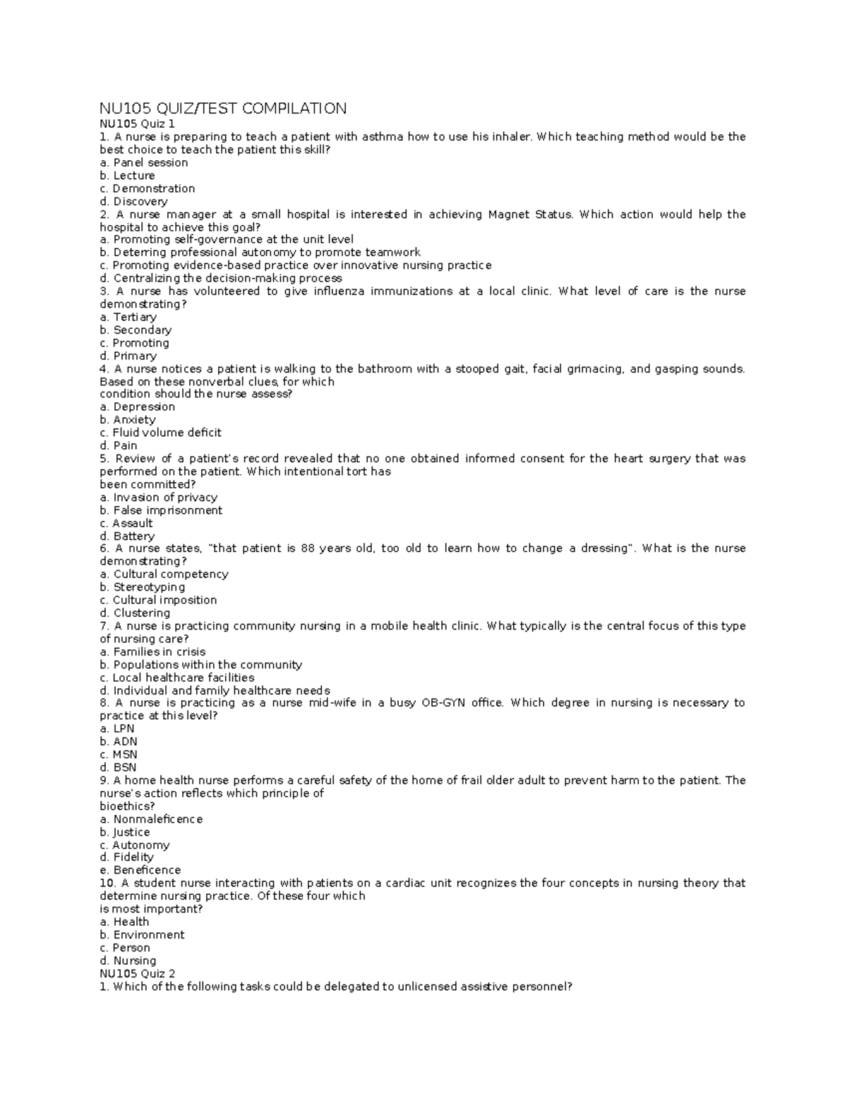 NU105 QUIZ Compilation: Questions & Answers Overview - Studocu