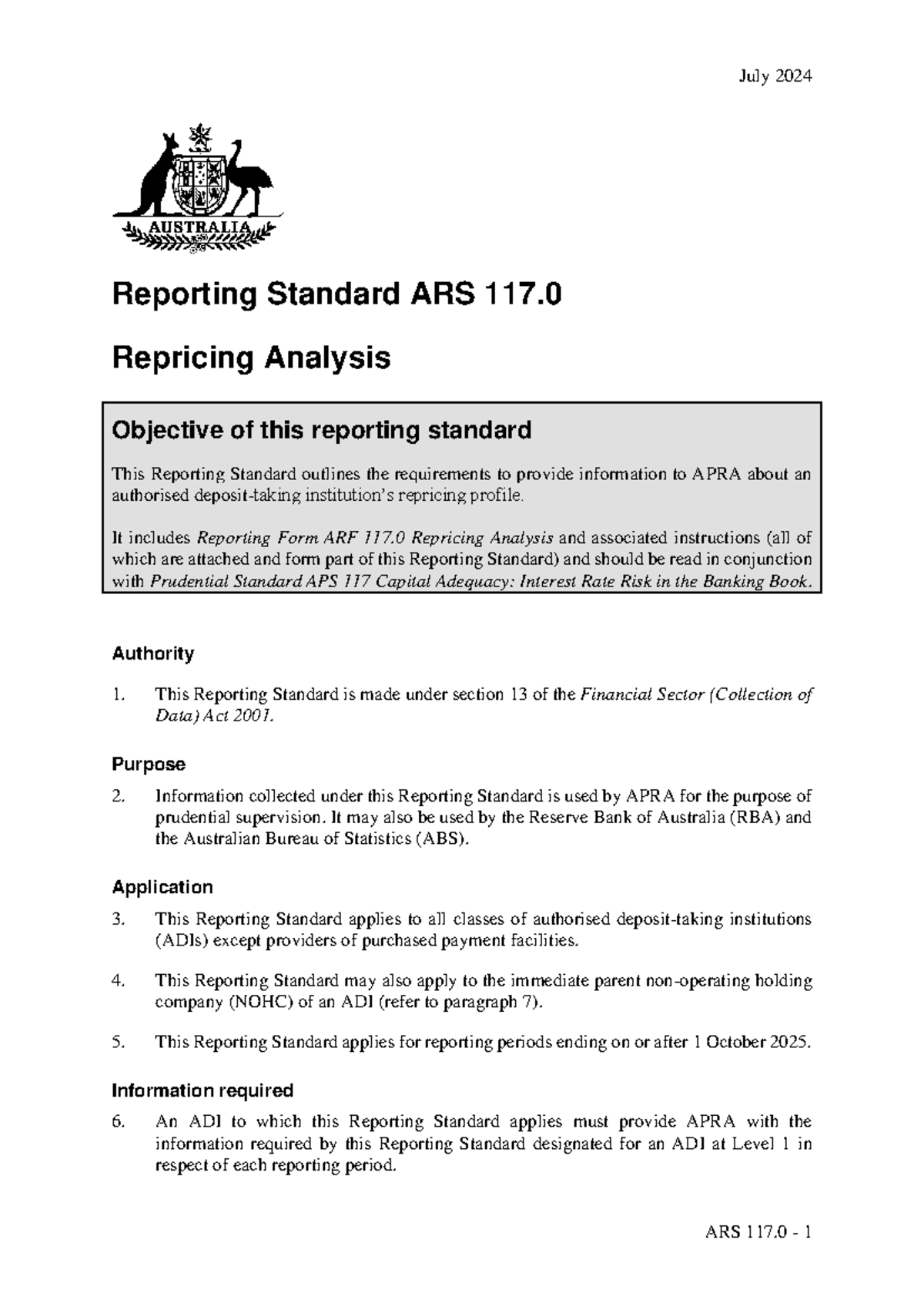 ARS 117.0 July 2024 Reporting Standard: Repricing Analysis Guide - Studocu