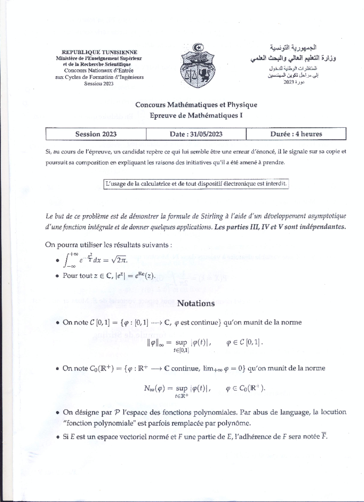 Épreuve de Mathématiques I - Concours National 2023 (MP-Mathématiques ...