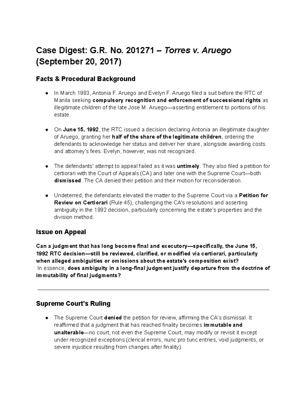 Case Digest: G.R. No. 201271 Torres v. Aruego (2017) Summary & Ruling ...