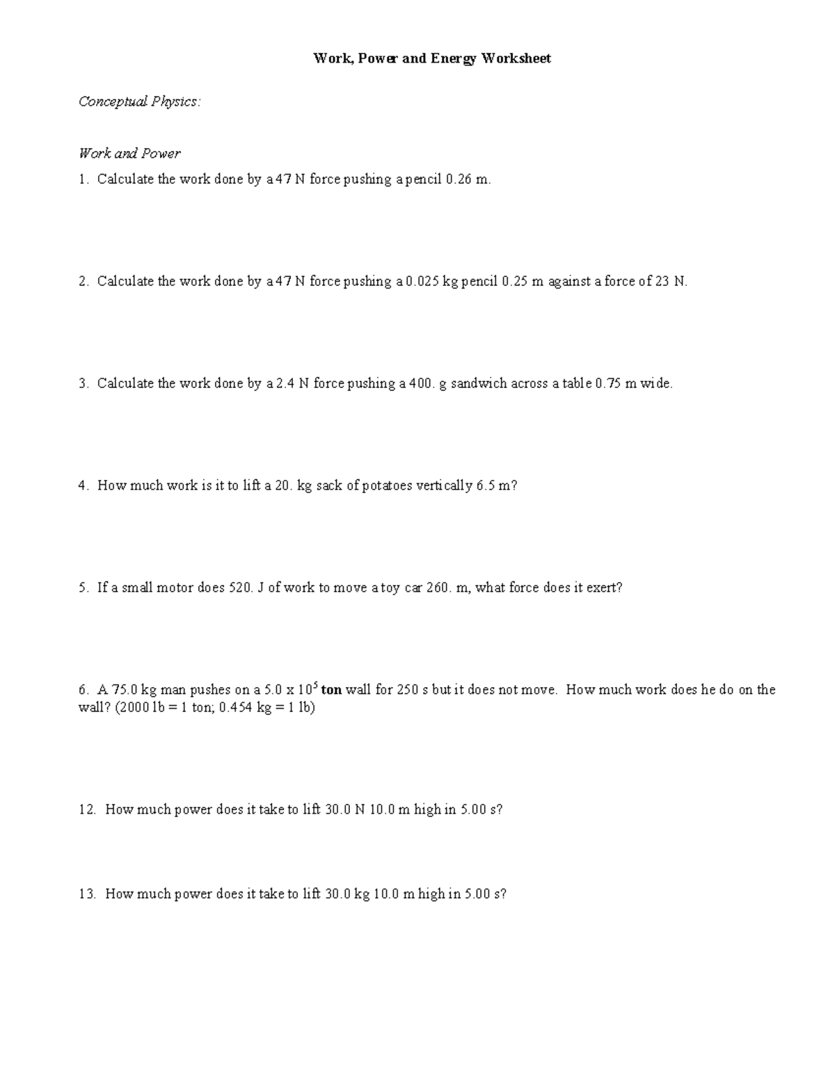 Conceptual Physics - Work, Power & Energy Worksheet (CP 101) - Studocu