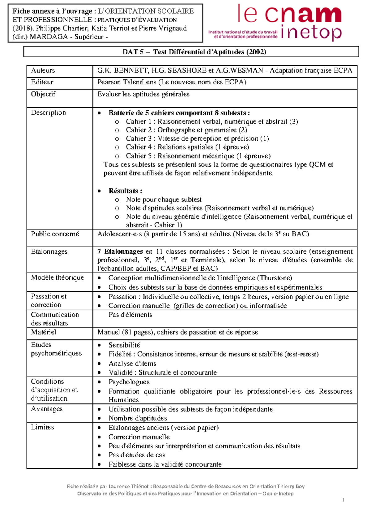 DAT 5 Fiche Test Ouvrage GEP LT - Évaluation des Aptitudes Générales ...