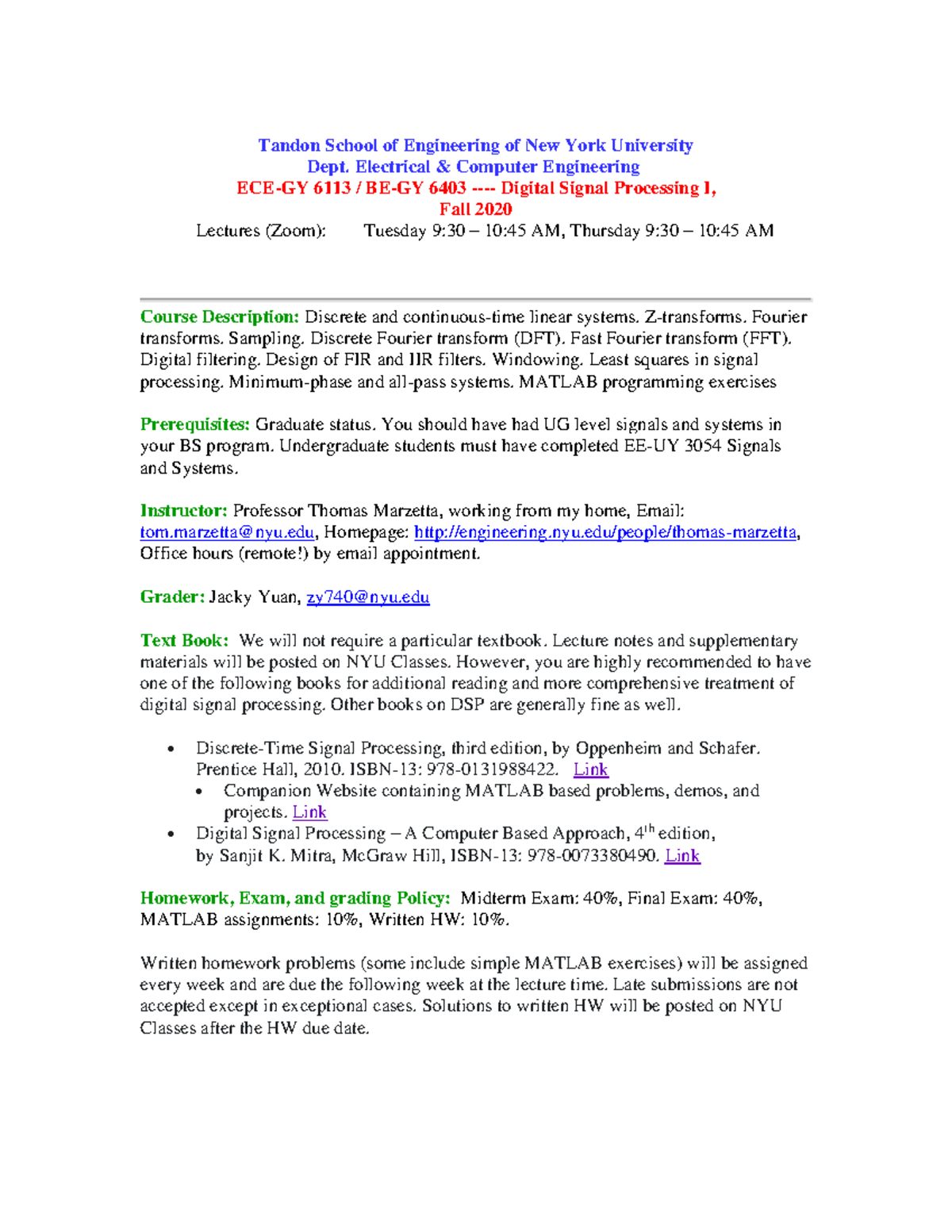 ECE GY 6113 F20 - Digital Signal Processing I Syllabus and Schedule ...
