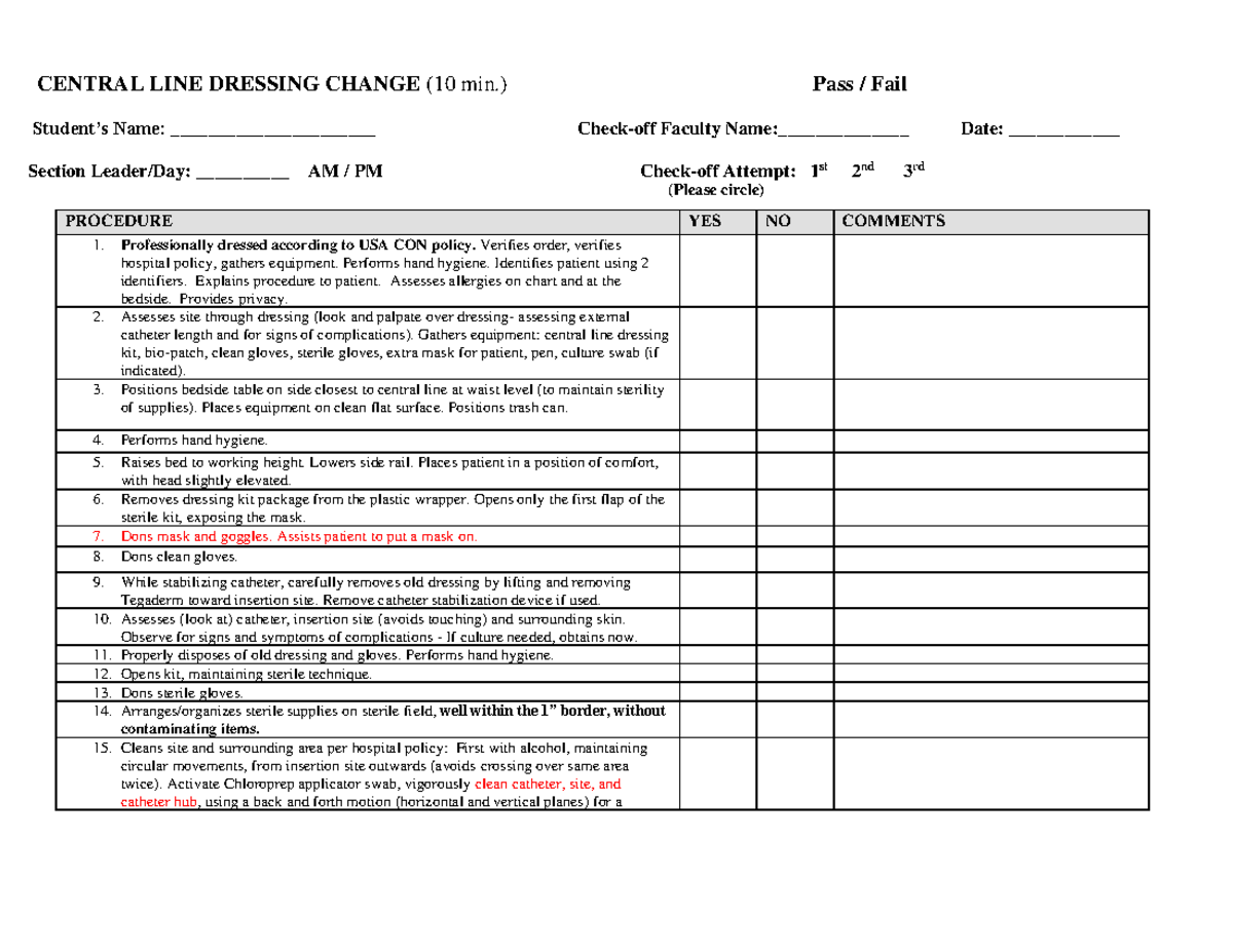 CVL Dressing Change Checklist (Checkoff) - Studocu