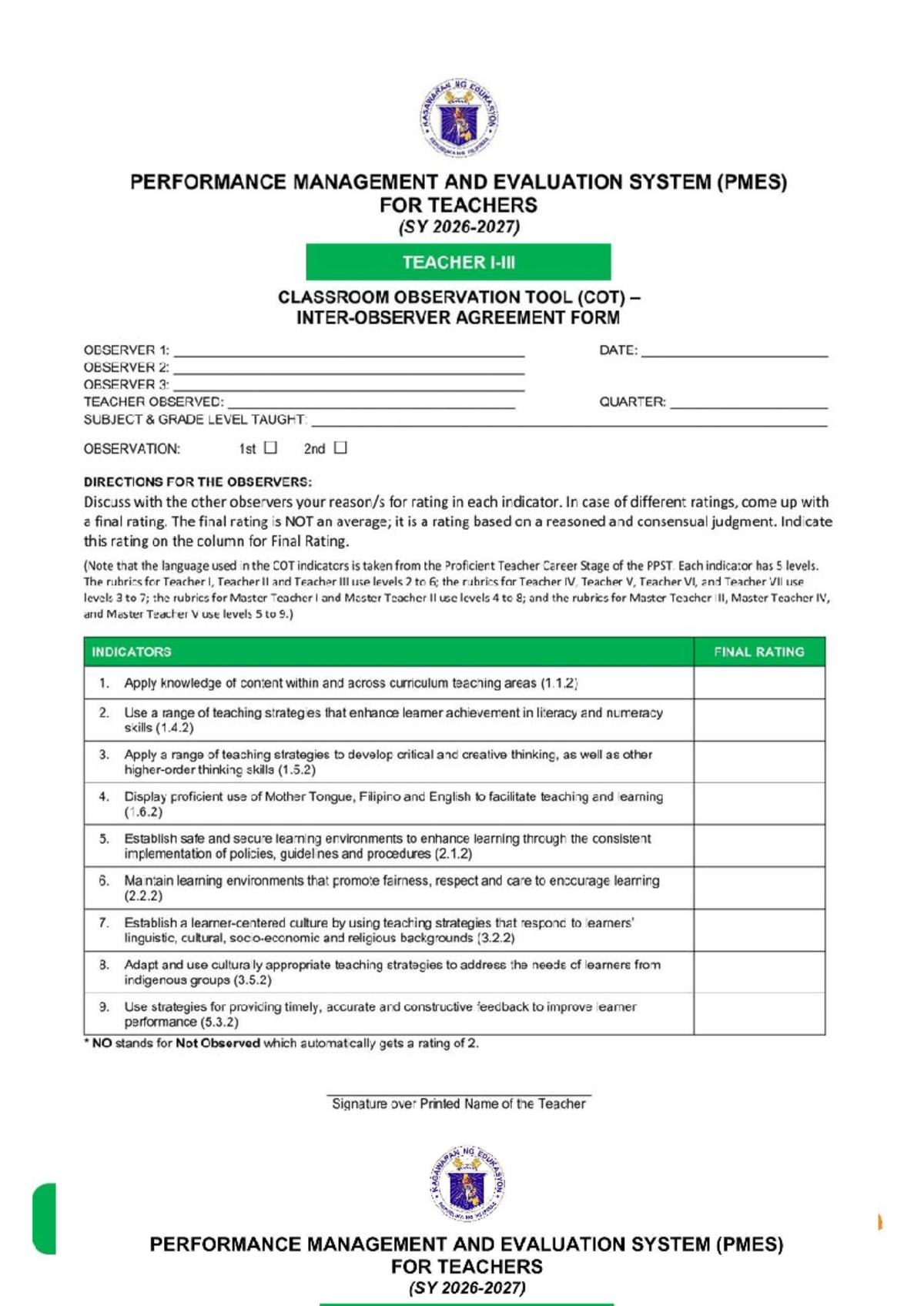 COT Agreement Form for Teacher Performance Evaluation (SY 2026-2027 ...