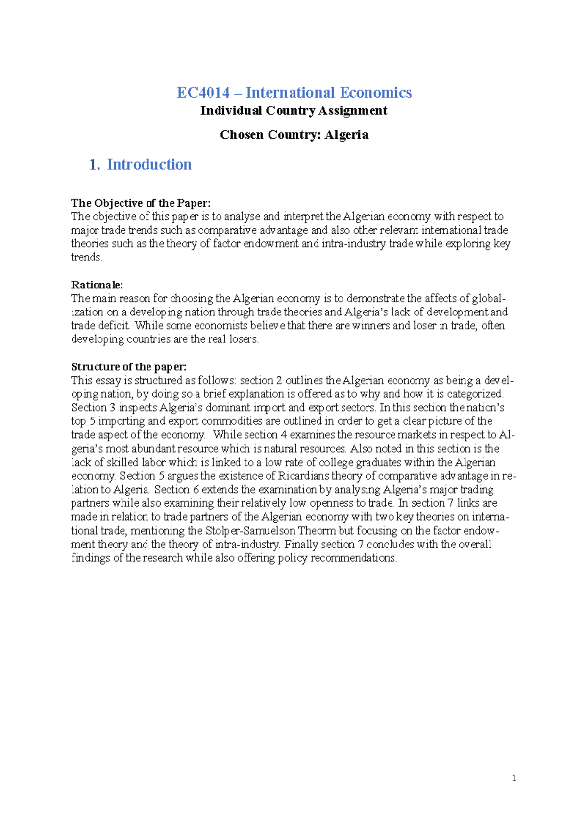 Country Assignment EC4014: Analyzing Algeria's Economy and Trade Trends ...