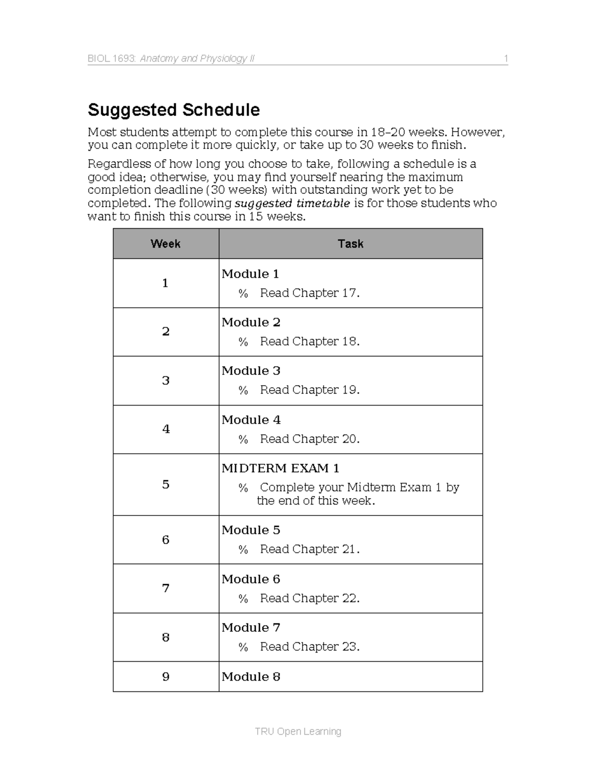 BIOL 1693 Suggested 15-Week Course Schedule and Timeline - Studocu