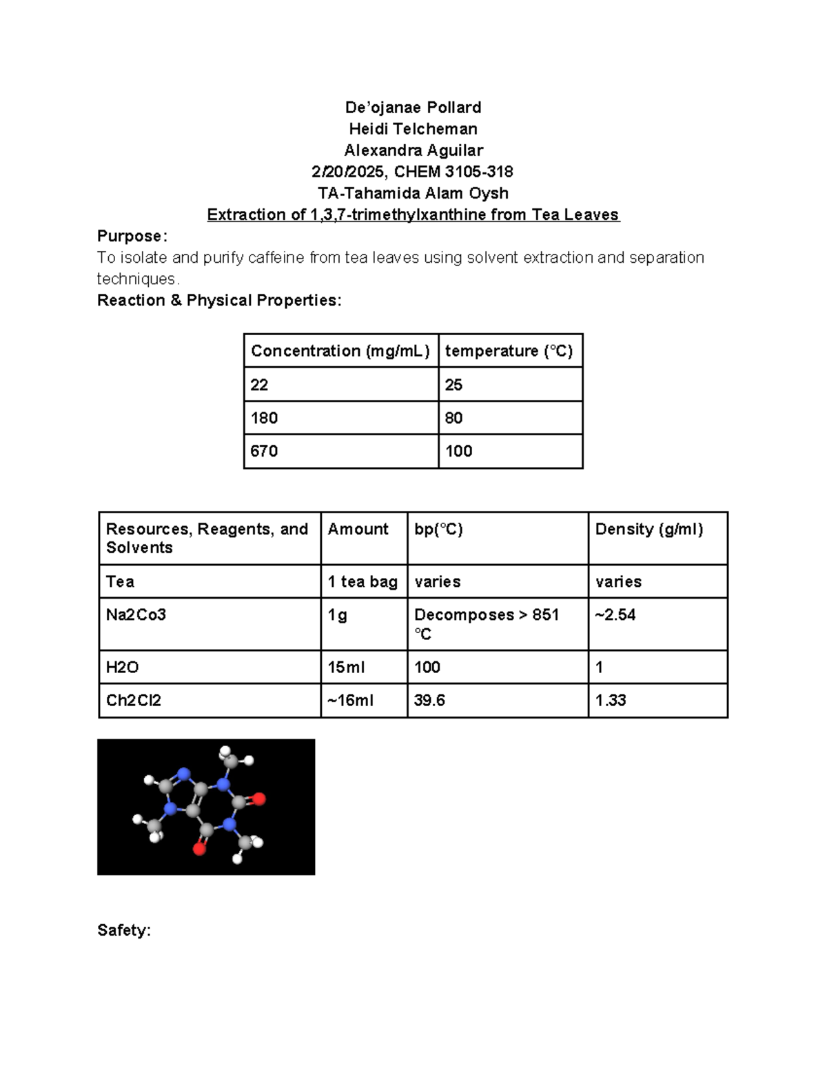 O-Chem Lab Report 4 - De’ojanae Pollard Heidi Telcheman Alexandra ...