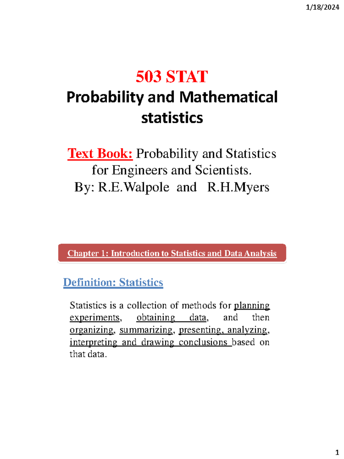 Lecture1 of stat503 - 503 STAT Probability and Mathematical statistics ...