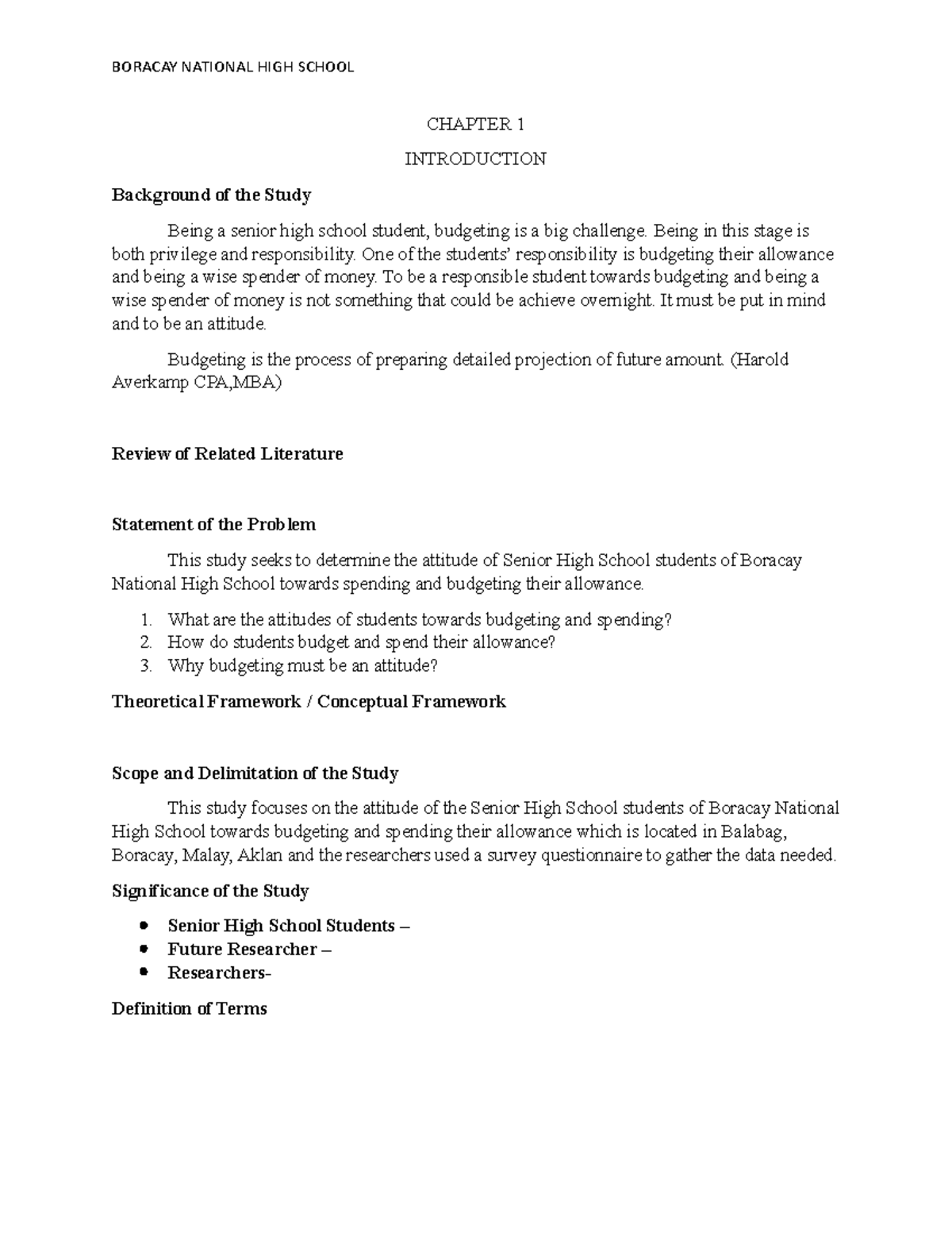 Research 1: Attitudes of Senior High School Students on Budgeting - Studocu