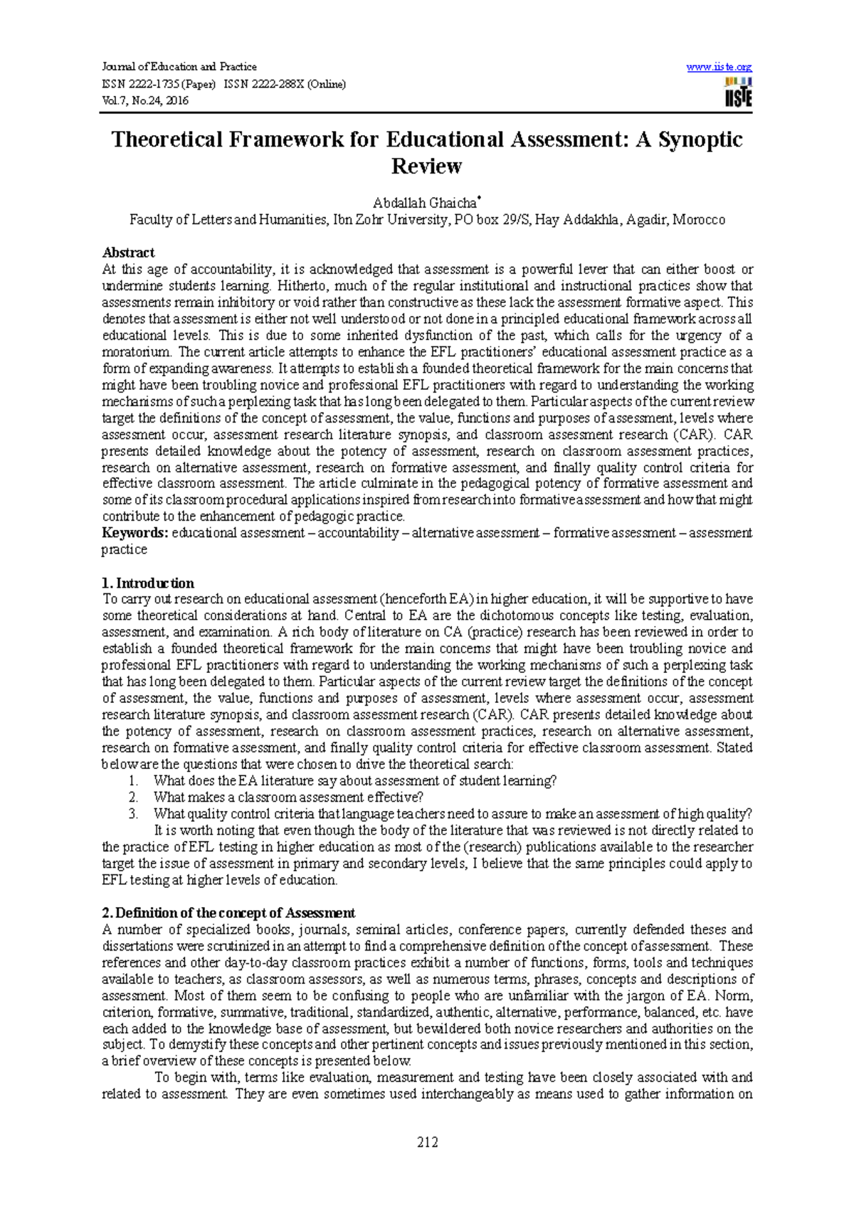 Theoretical Framework for Educational Assessment: A Comprehensive ...