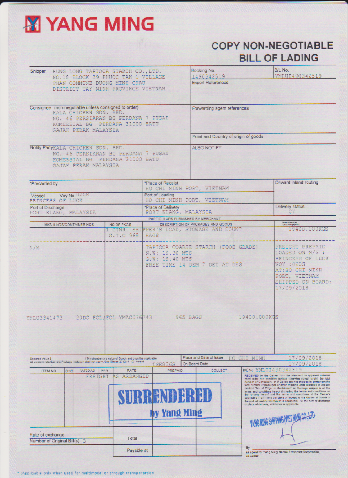 BILL 1709 - Yang Ming Copy Bill of Lading for Tapioca Shipment - Studocu