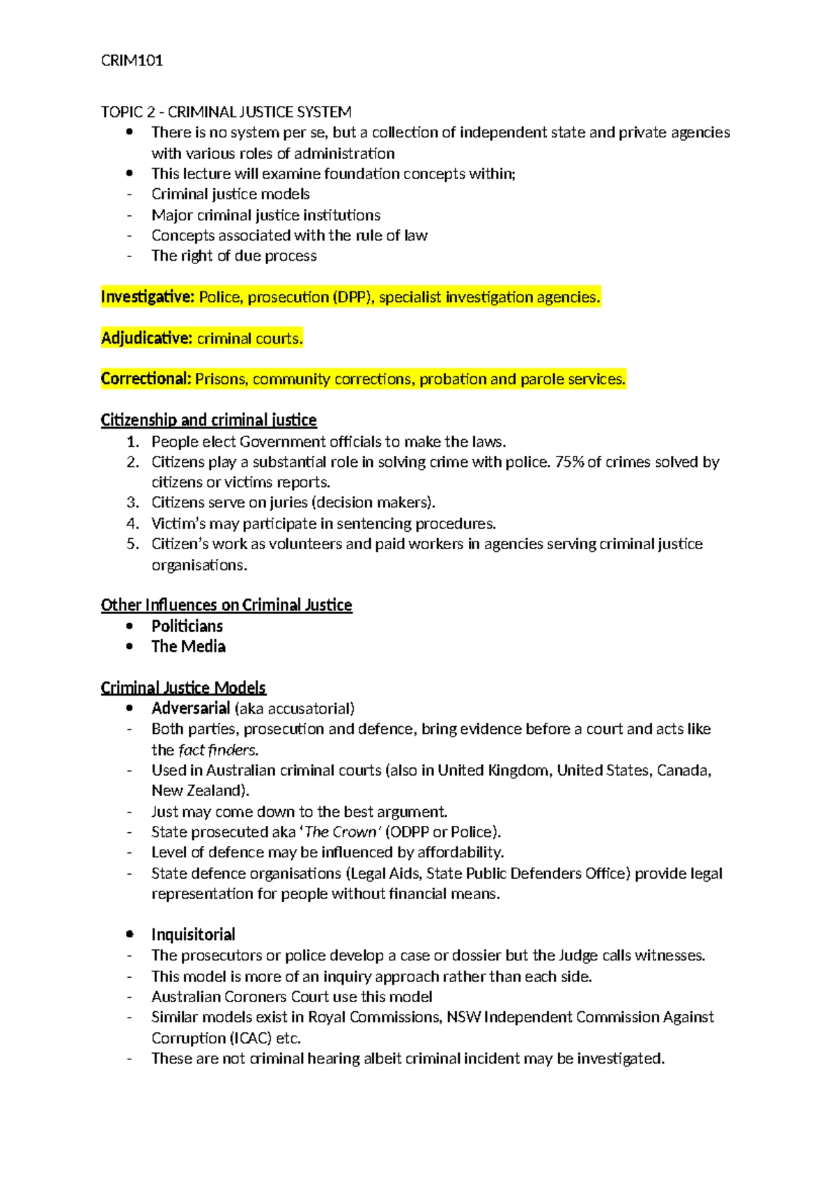CRIM101 Lecture Notes on Citizenship and Criminal Justice - Studocu