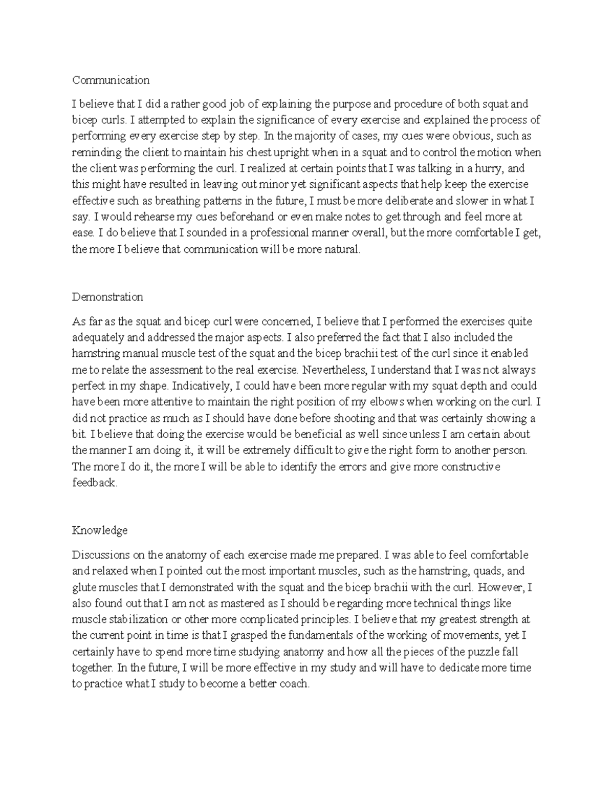 Midterm Reflection on Communication & Exercise Techniques - Studocu