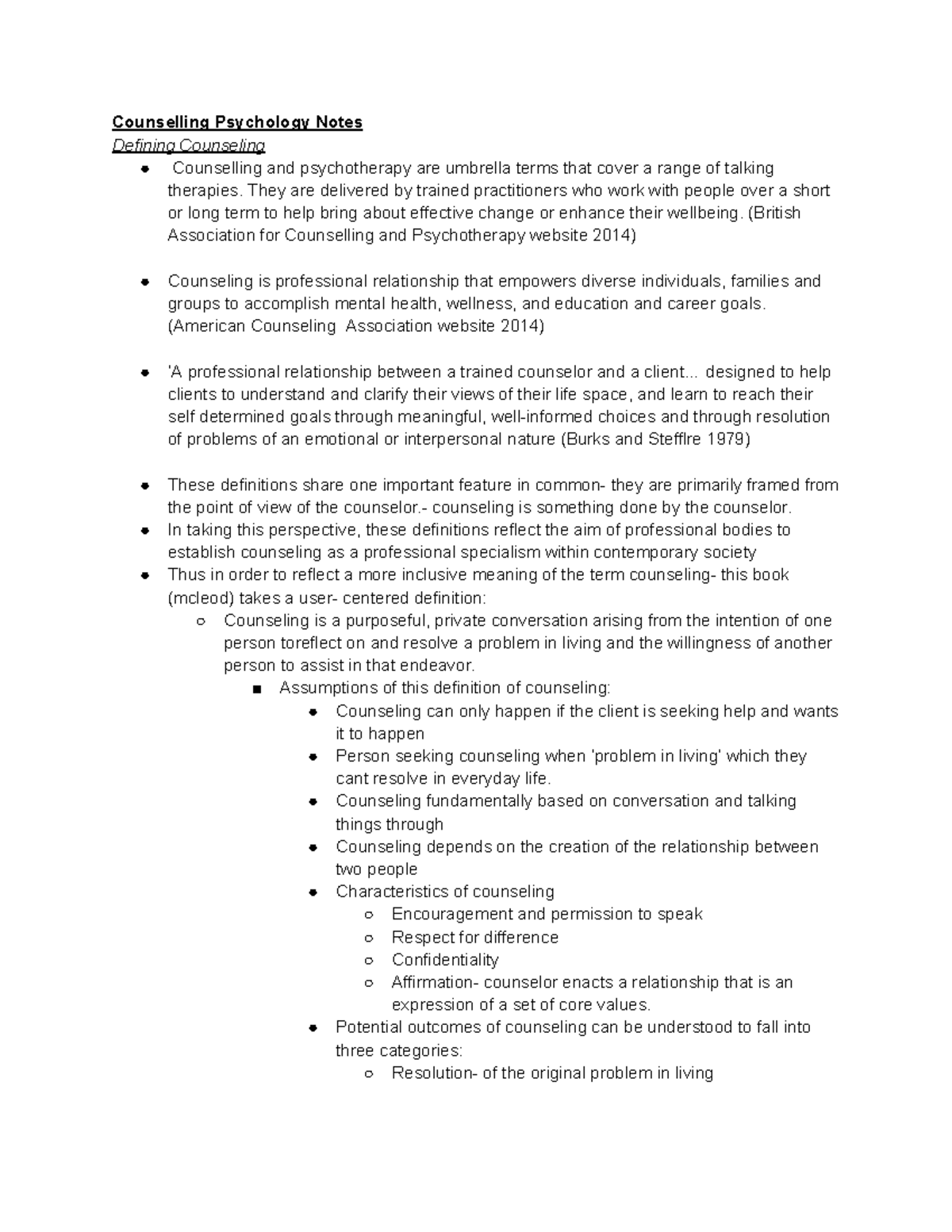 Counselling Psychology: Key Concepts and Definitions Notes - Studocu