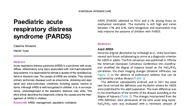 SYMPOSIUM: INTENSIVE CARE - Paediatric Acute Respiratory Distress ...