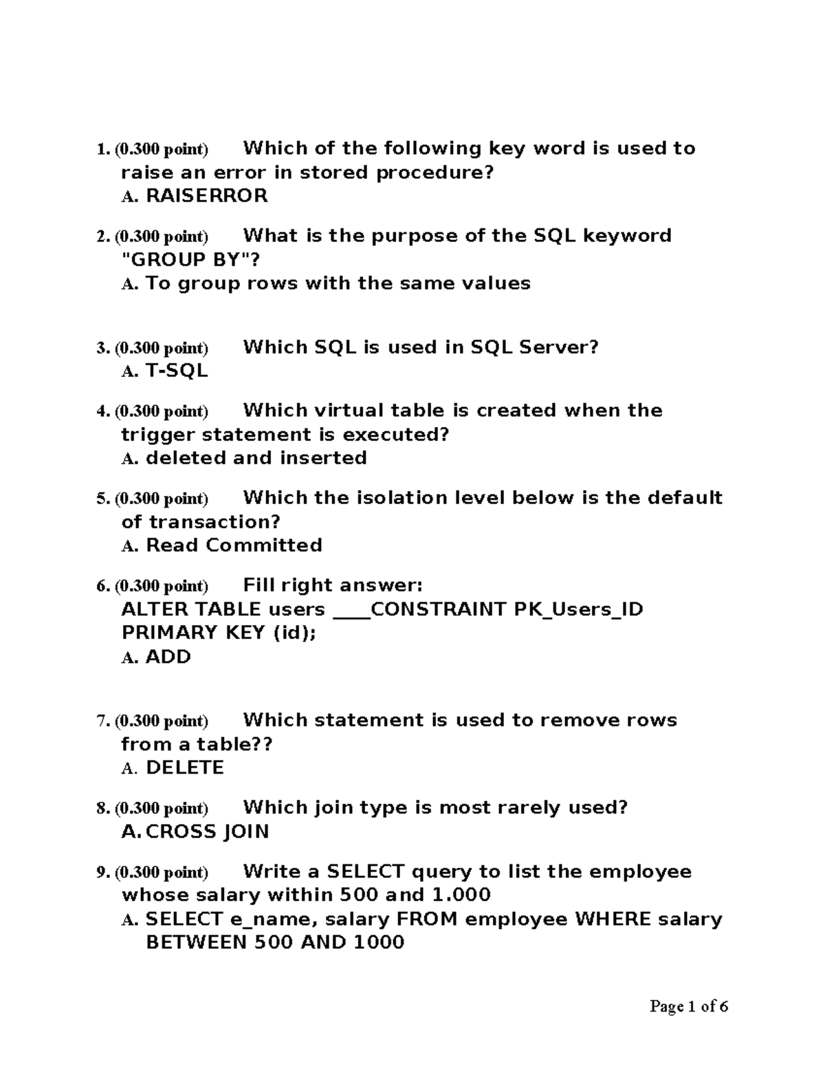 SQL Server Stored Procedures & Triggers: Exam Questions (Đề-2) - Studocu